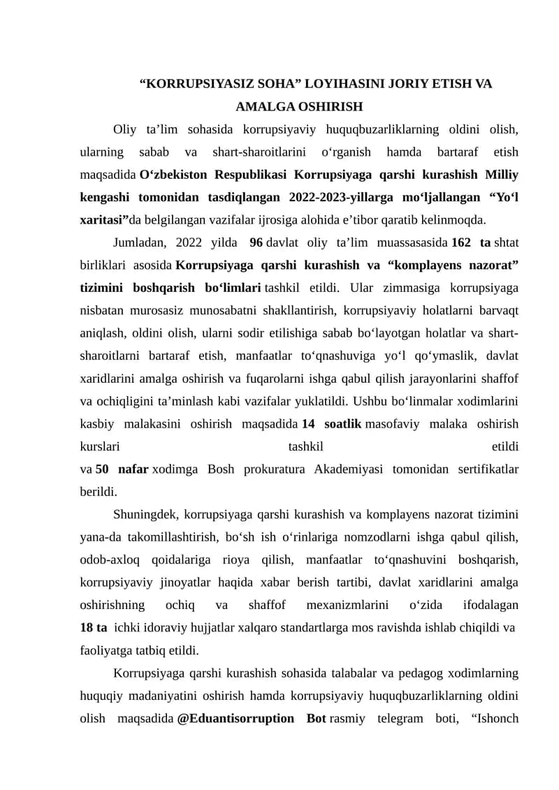 “KORRUPSIYASIZ SOHA” LOYIHASINI JORIY ETISH VA AMALGA OSHIRISH