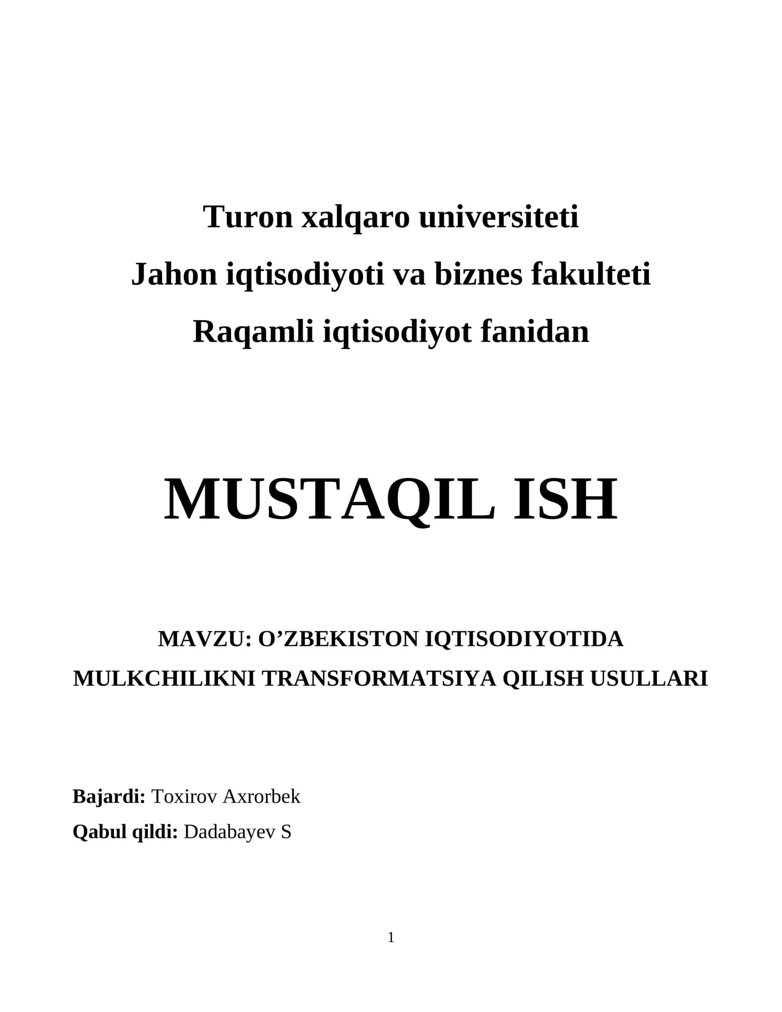 O’zbekiston Iqtisodiyotida Mulkchilikni Transformatsiya Qilish Usullari