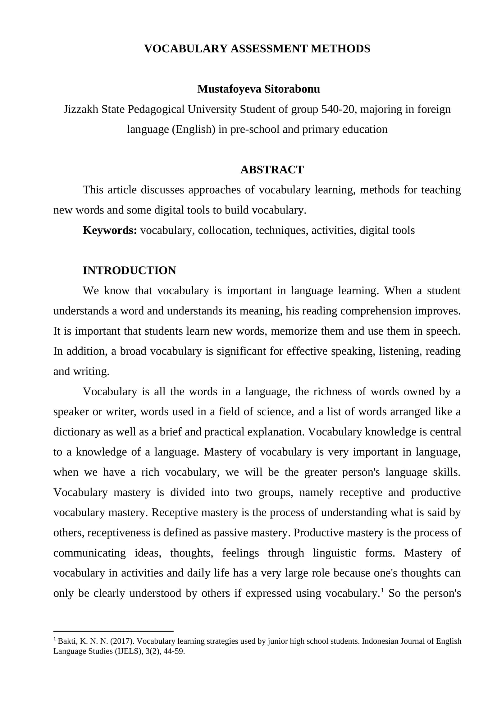 VOCABULARY ASSESSMENT METHODS