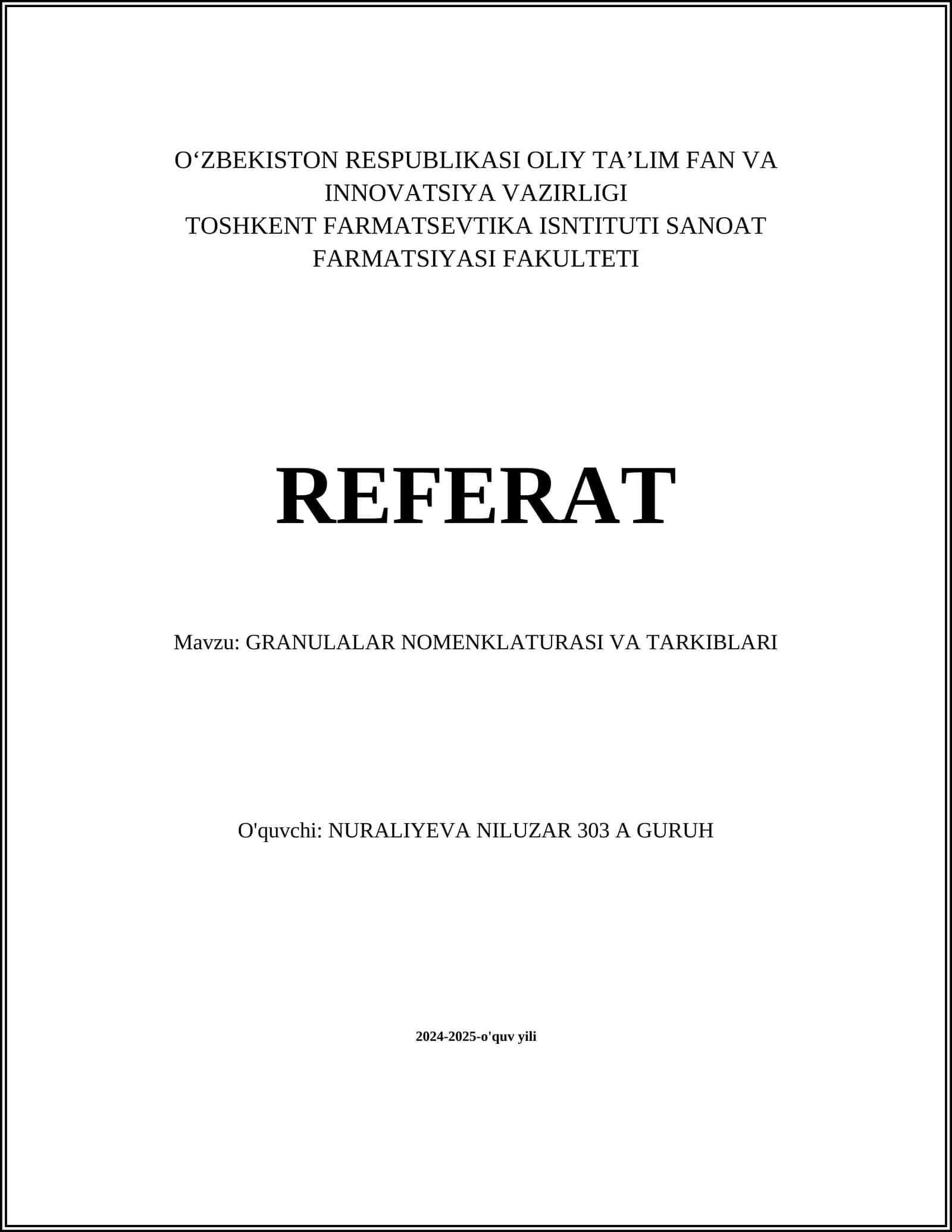 GRANULALAR NOMENKLATURASI VA TARKIBLARI