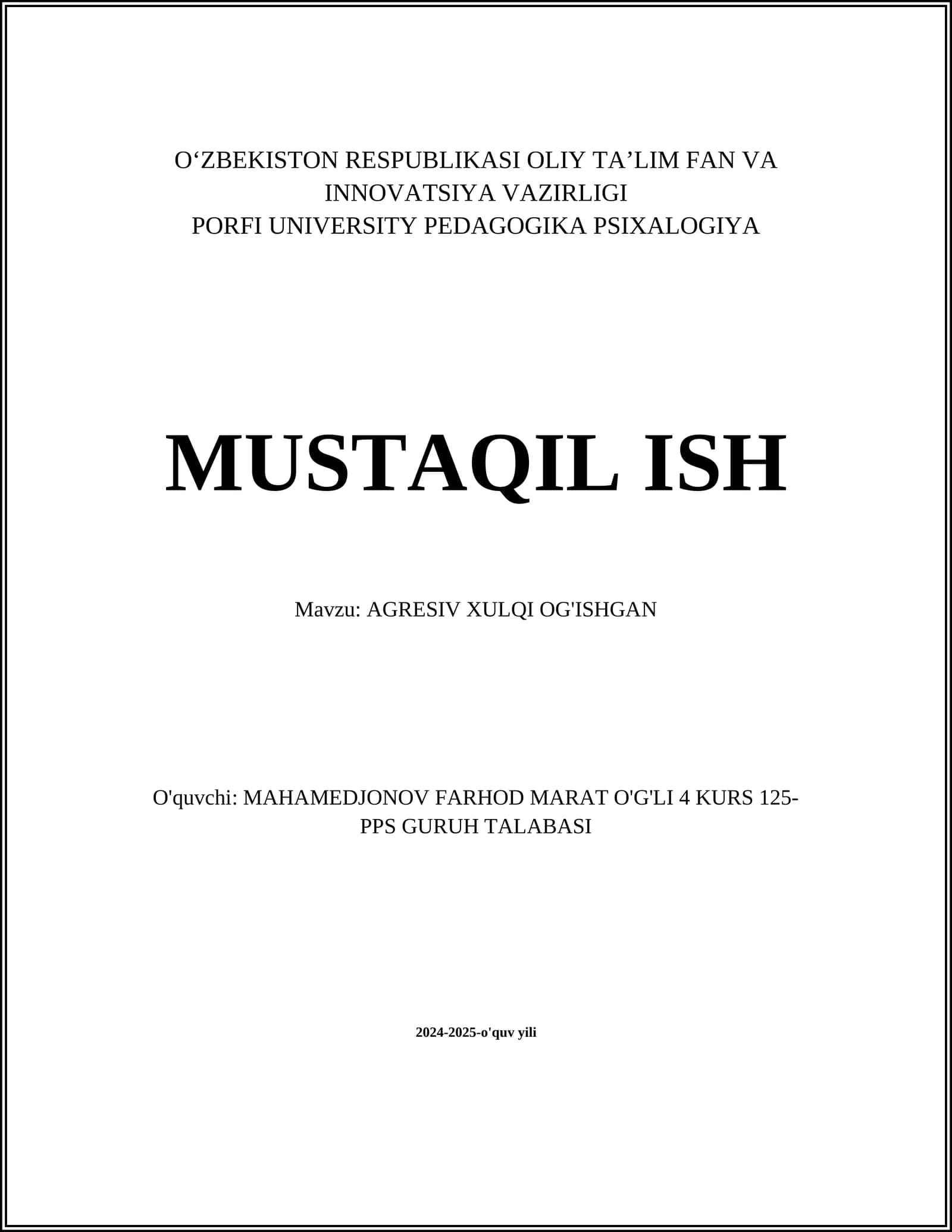 AGRESSIV XULQI OG'ISHGAN