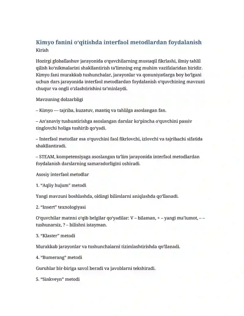 Kimyo fanini o‘qitishda interfaol metodlardan foydalanish