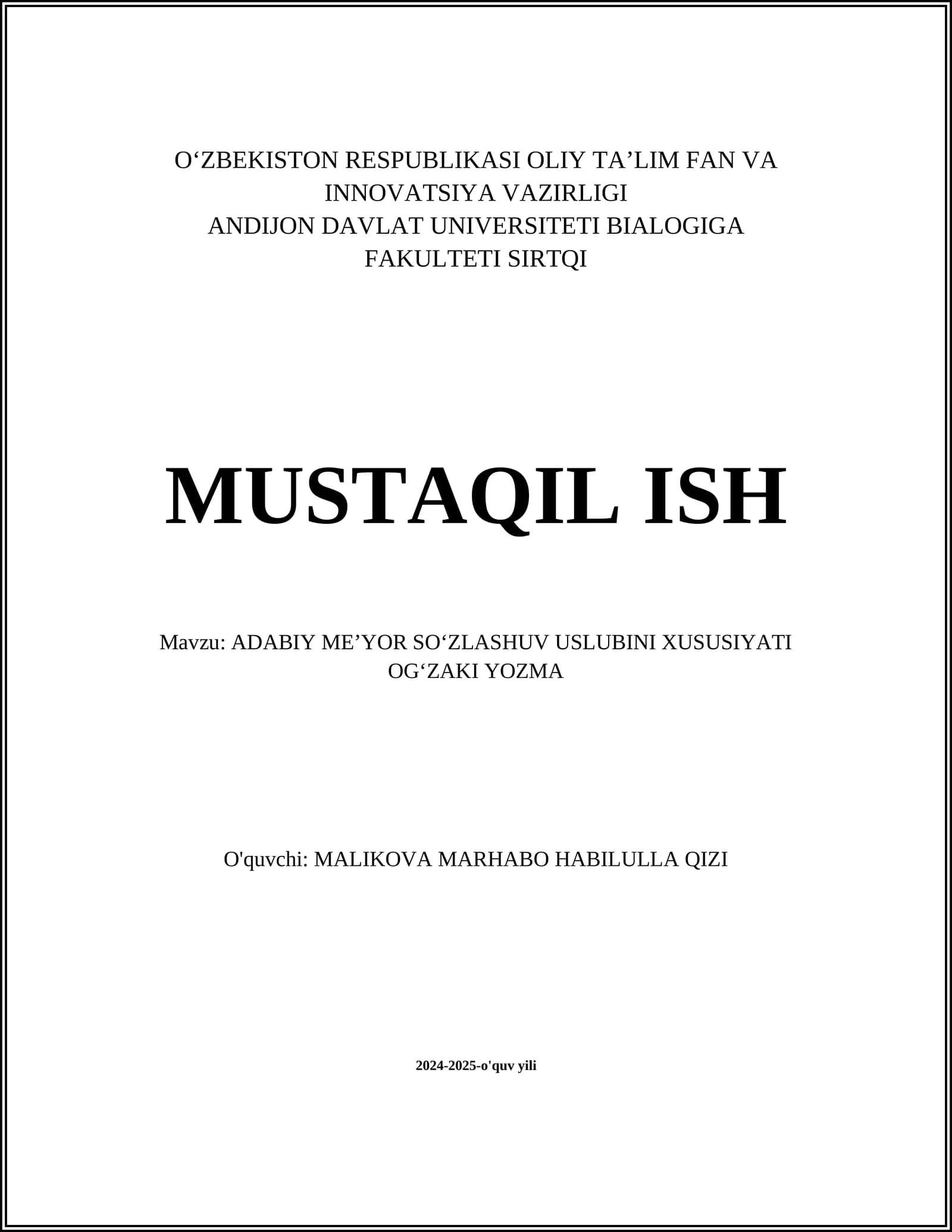 ADABIY MEʼYOR SOʻZLASHUV USLUBINI XUSUSIYATI OGʻZAKI YOZMA