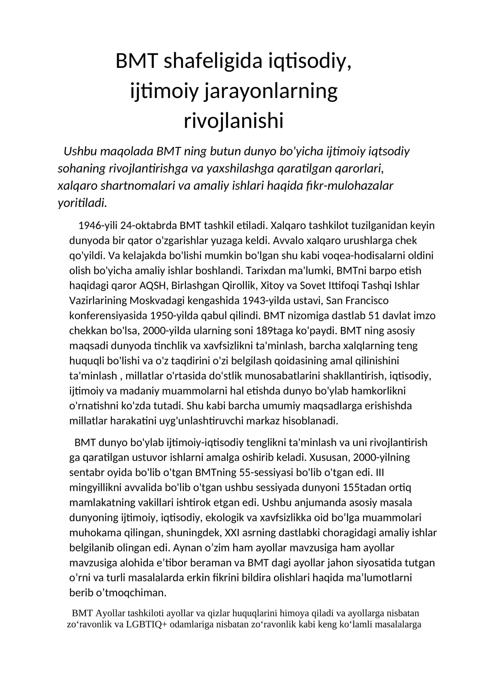 BMT shafeligida iqtisodiy, ijtimoiy jarayonlarning rivojlanishi
