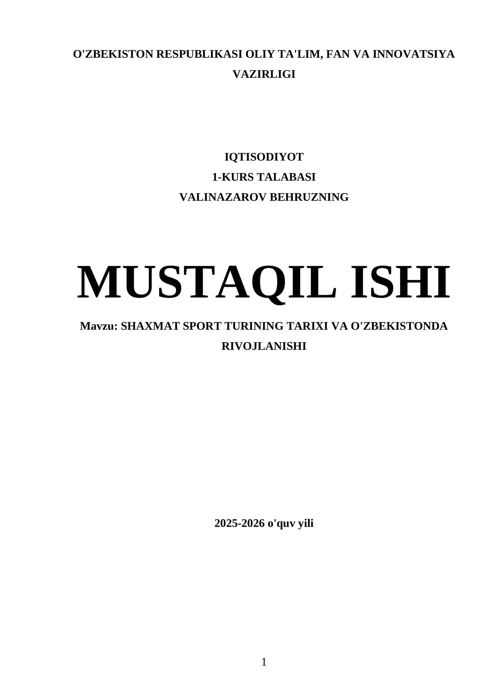 SHAXMAT SPORT TURINING TARIXI VA O'ZBEKISTONDA RIVOJLANISHI