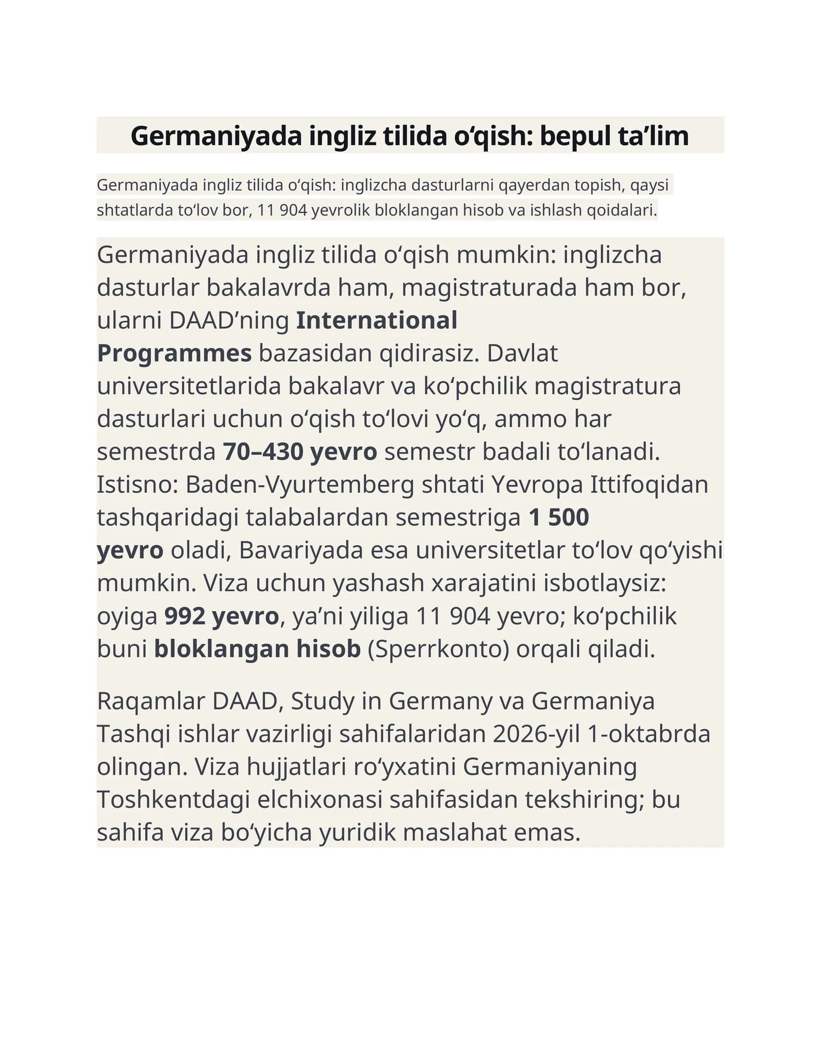 Germaniyada ingliz tilida o‘qish: bepul ta’lim