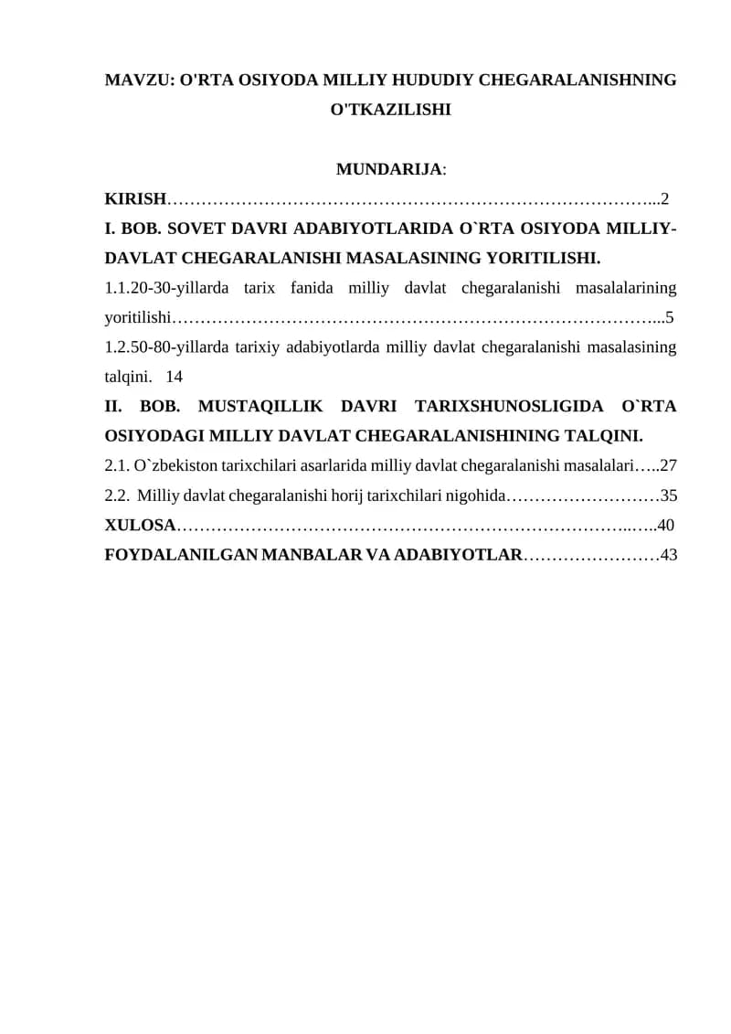 O`RTA OSIYODA MILLIY HUDUDIY CHEGARALANISHNING O'TKAZILISHI