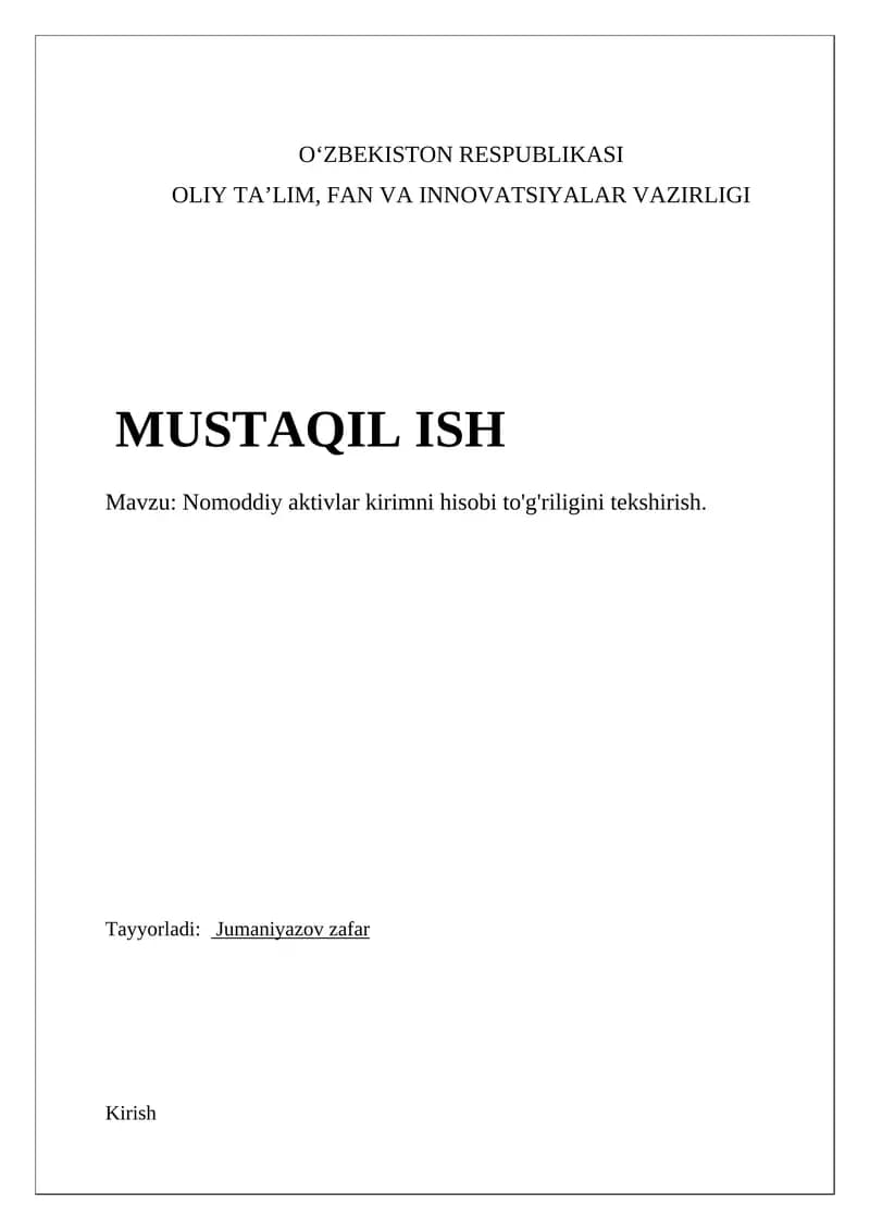 Nomoddiy aktivlar kirimni hisobi to'g'riligini tekshirish
