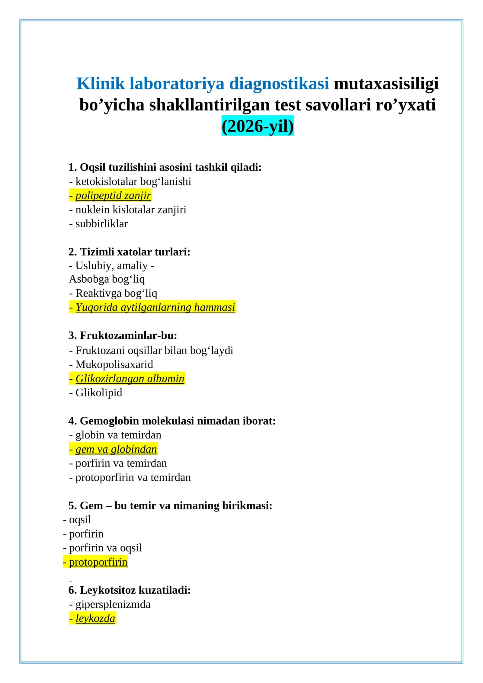 Klinik laboratoriya diagnostikasi test savollari ro’yxati (2026-yil)