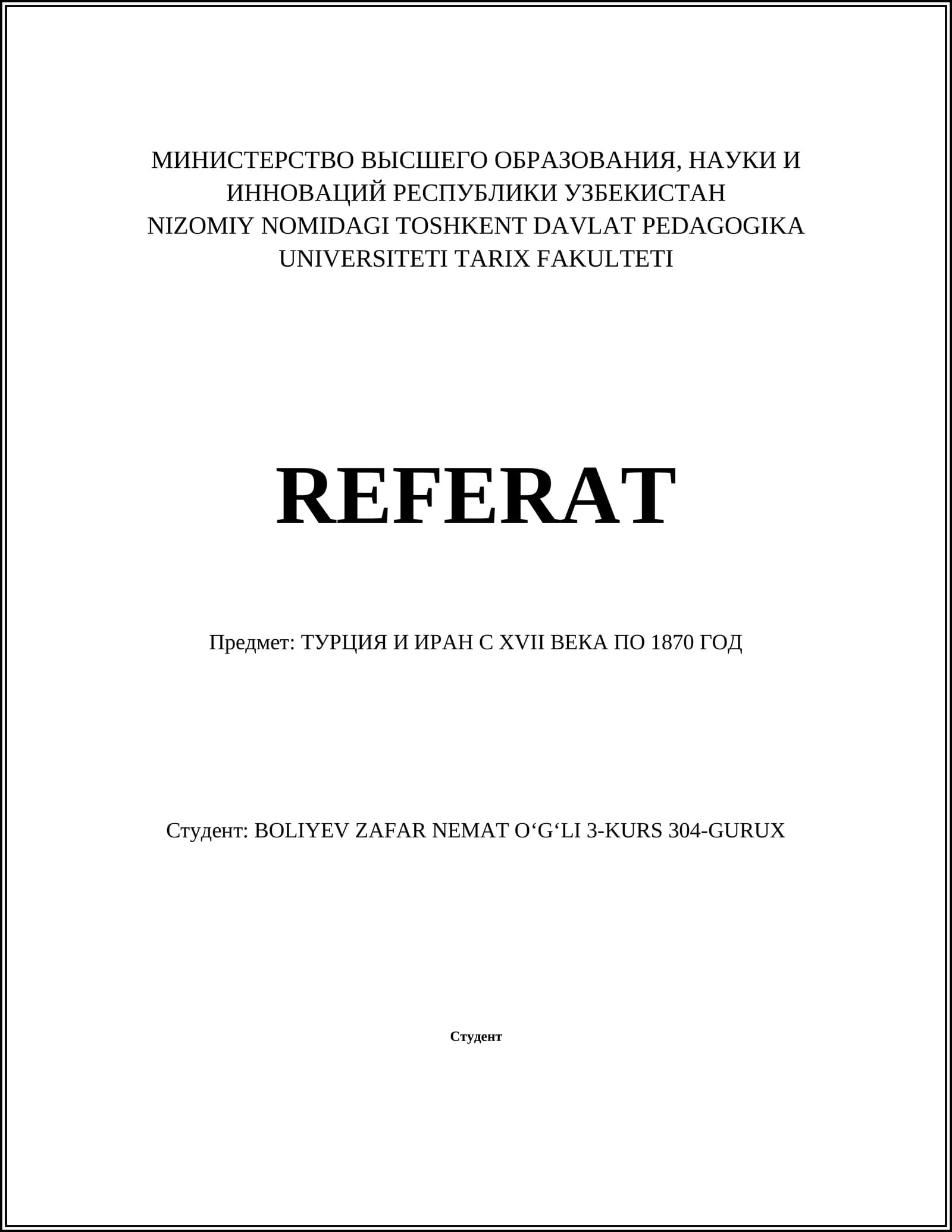 REFERAT - ТУРЦИЯ И ИРАН С XVII ВЕКА ПО 1870 ГОД