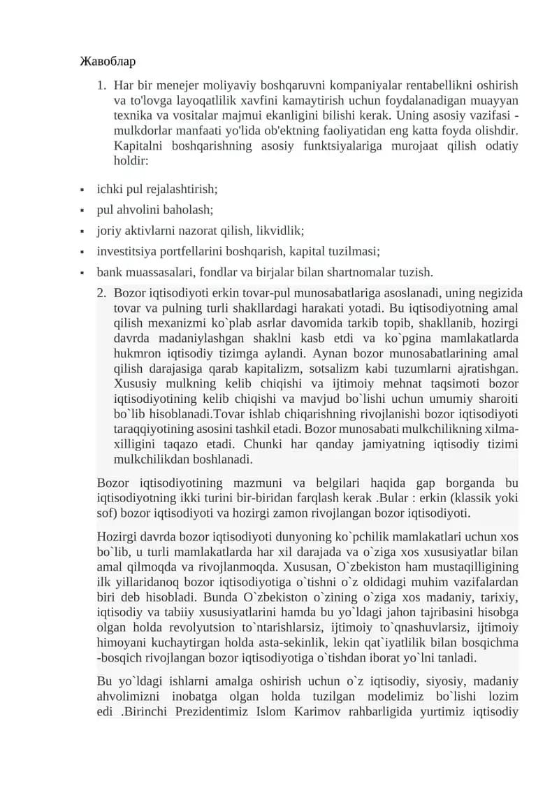 Moliyaviy boshqaruv va bozor iqtisodiyoti