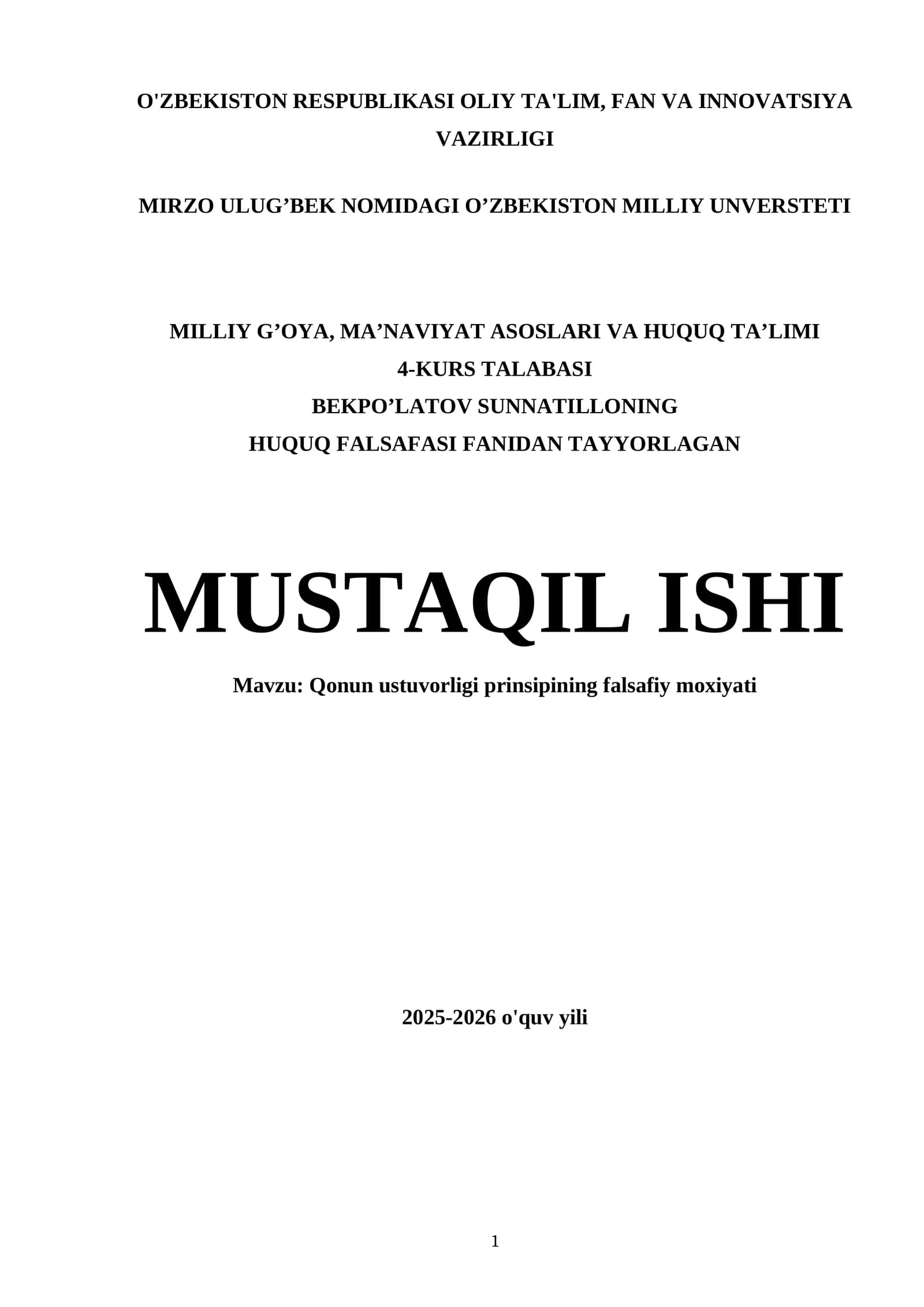 Qonun ustuvorligi prinsipining falsafiy moxiyati