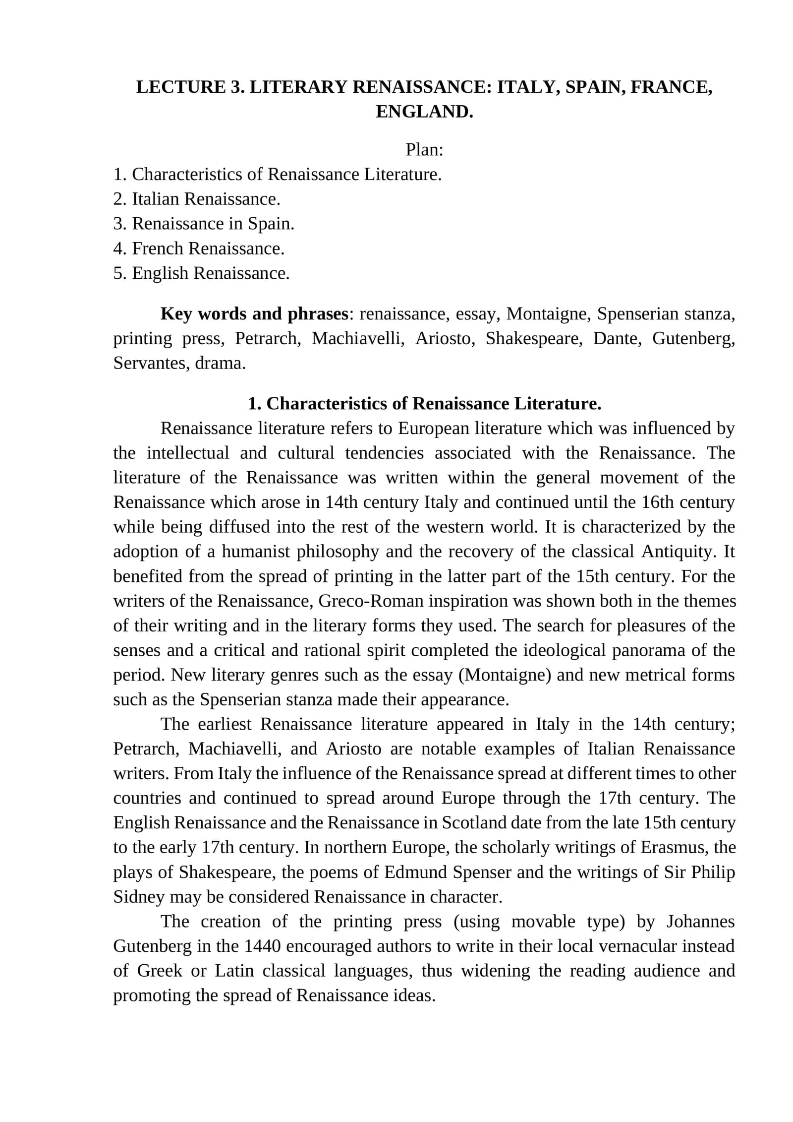 LECTURE 3. LITERARY RENAISSANCE: ITALY, SPAIN, FRANCE, ENGLAND