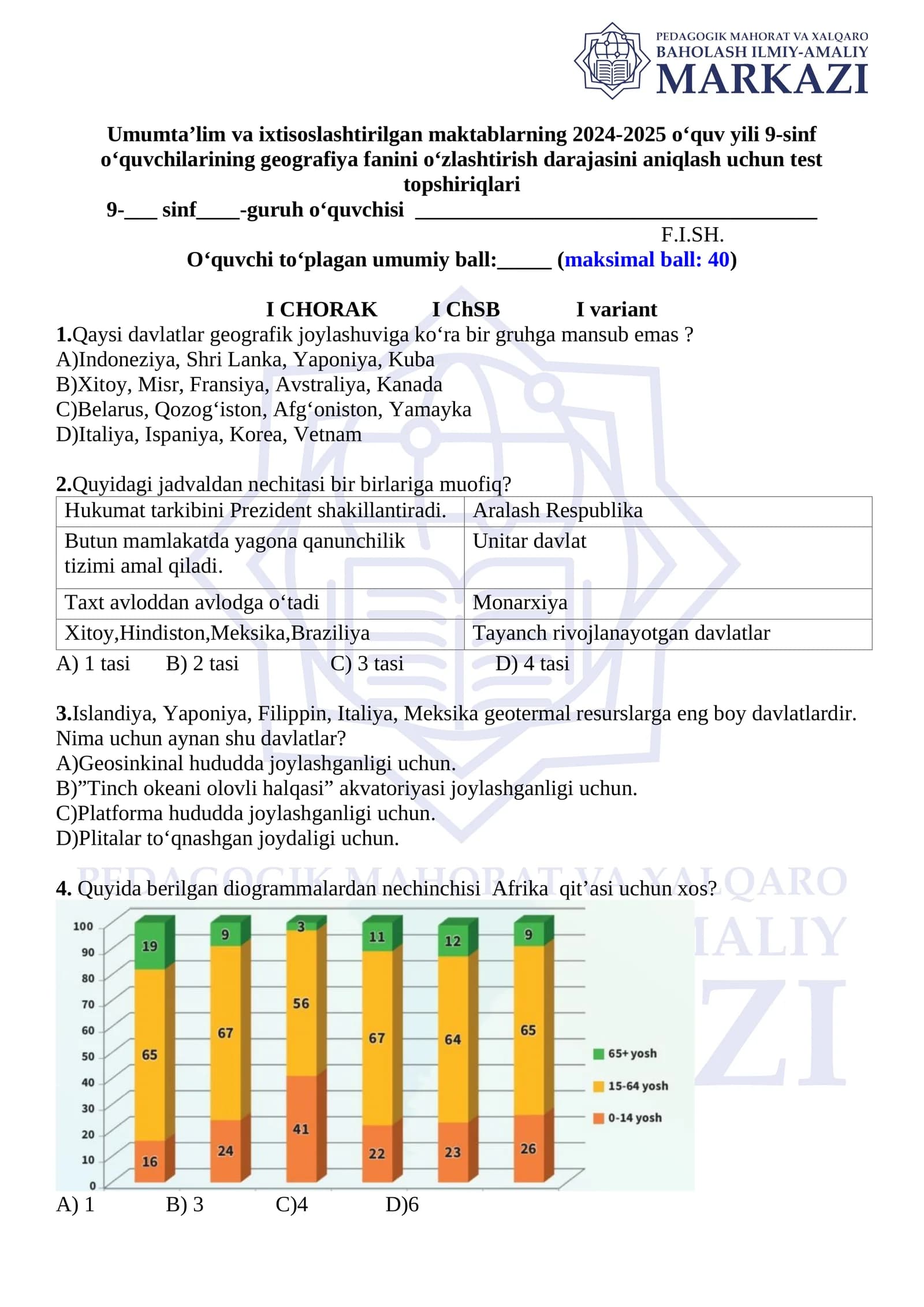 9-sinf geografiya testi