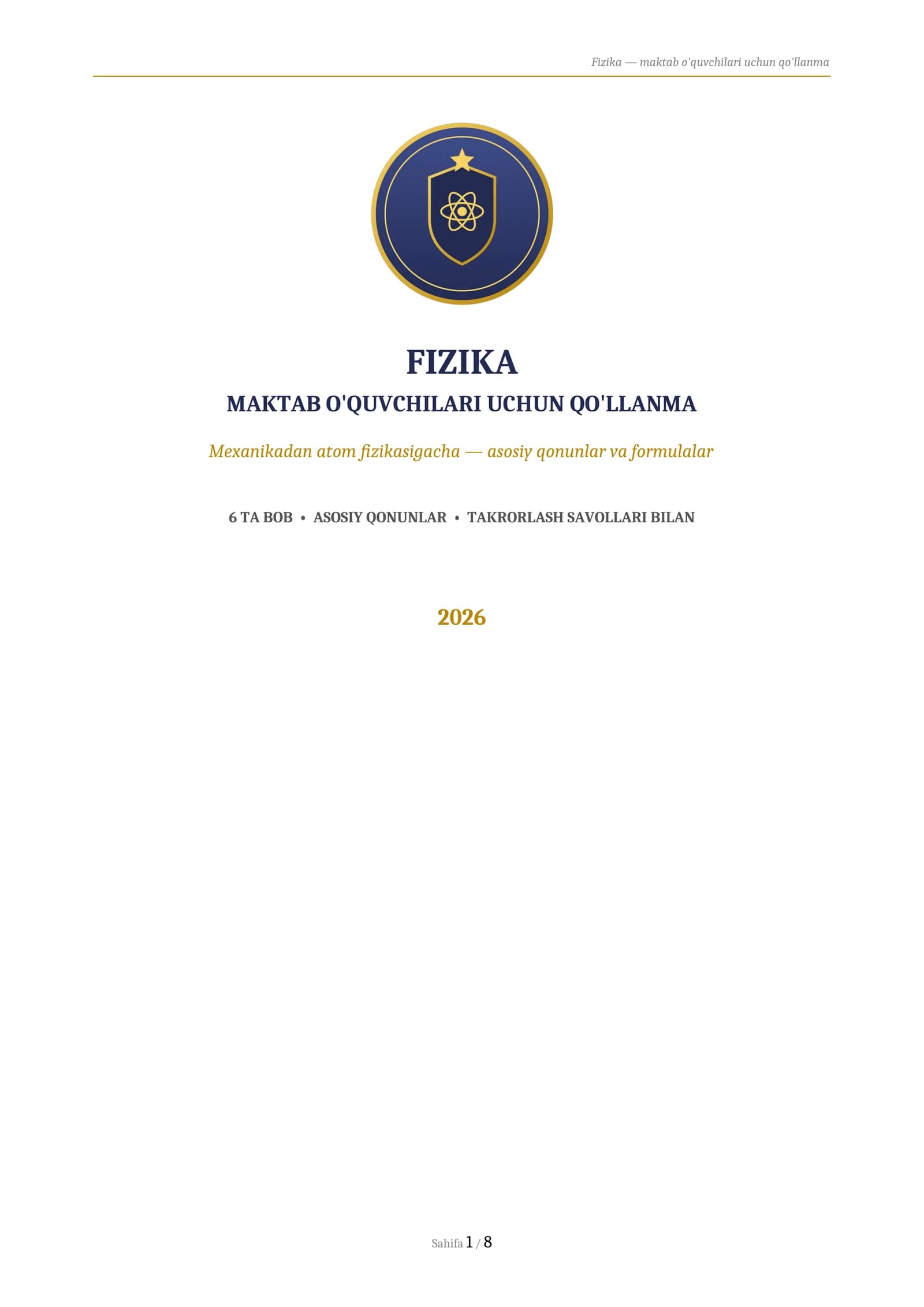FIZIKA
MAKTAB O'QUVCHILARI UCHUN QO'LLANMA