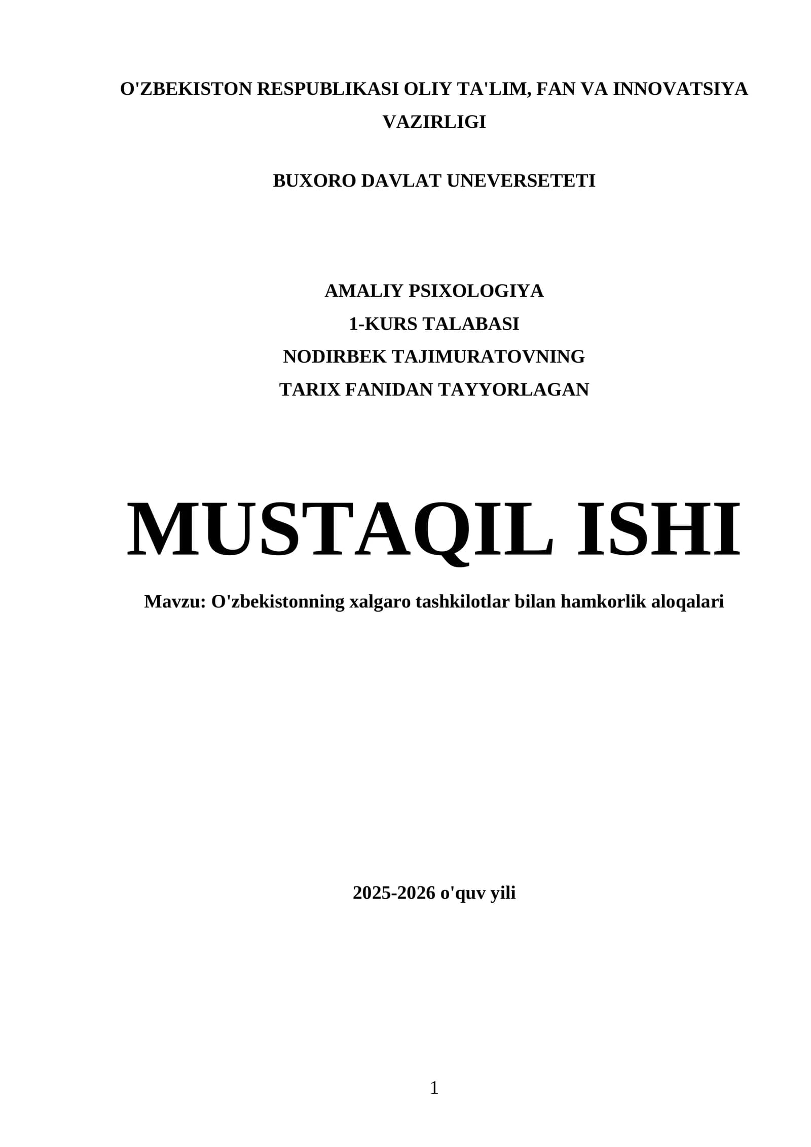 NODIRBEK TAJIMURATOVNING TARIX FANIDAN TAYYORLAGAN MUSTAQIL ISHI