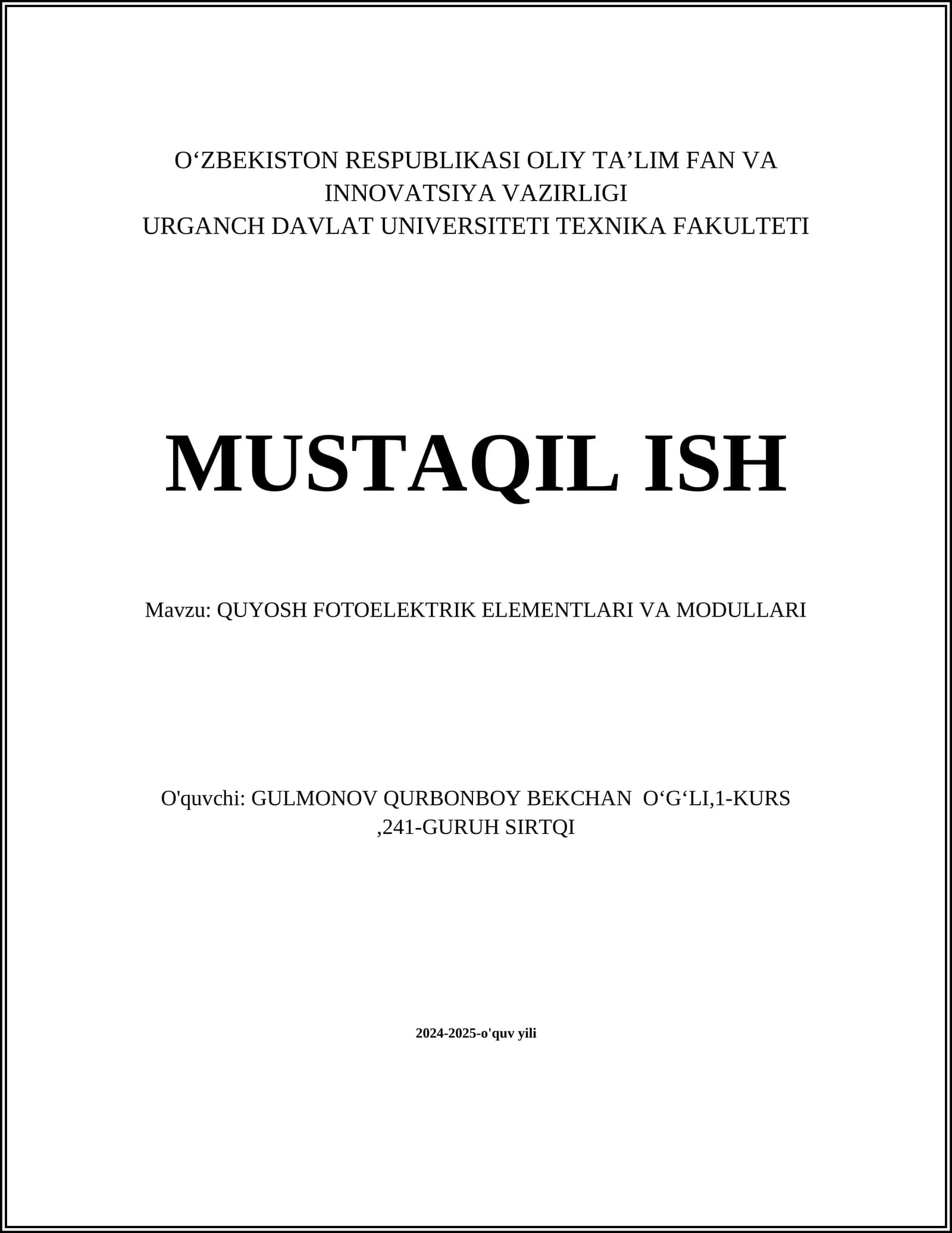 QUYOSH FOTOELEKTRIK ELEMENTLARI VA MODULLARI