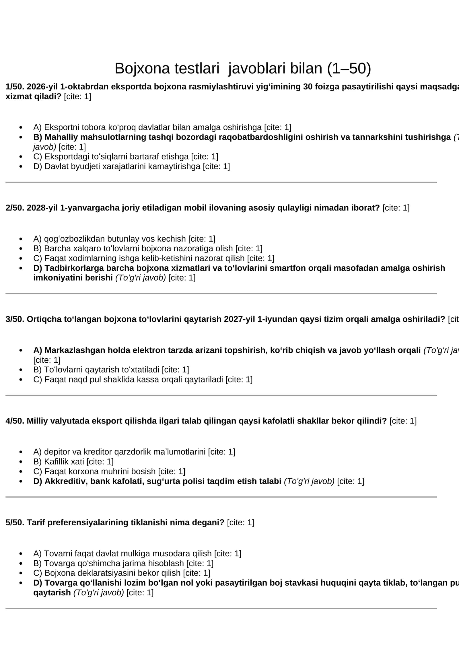 Bojxona testlari javoblari bilan (1–50)