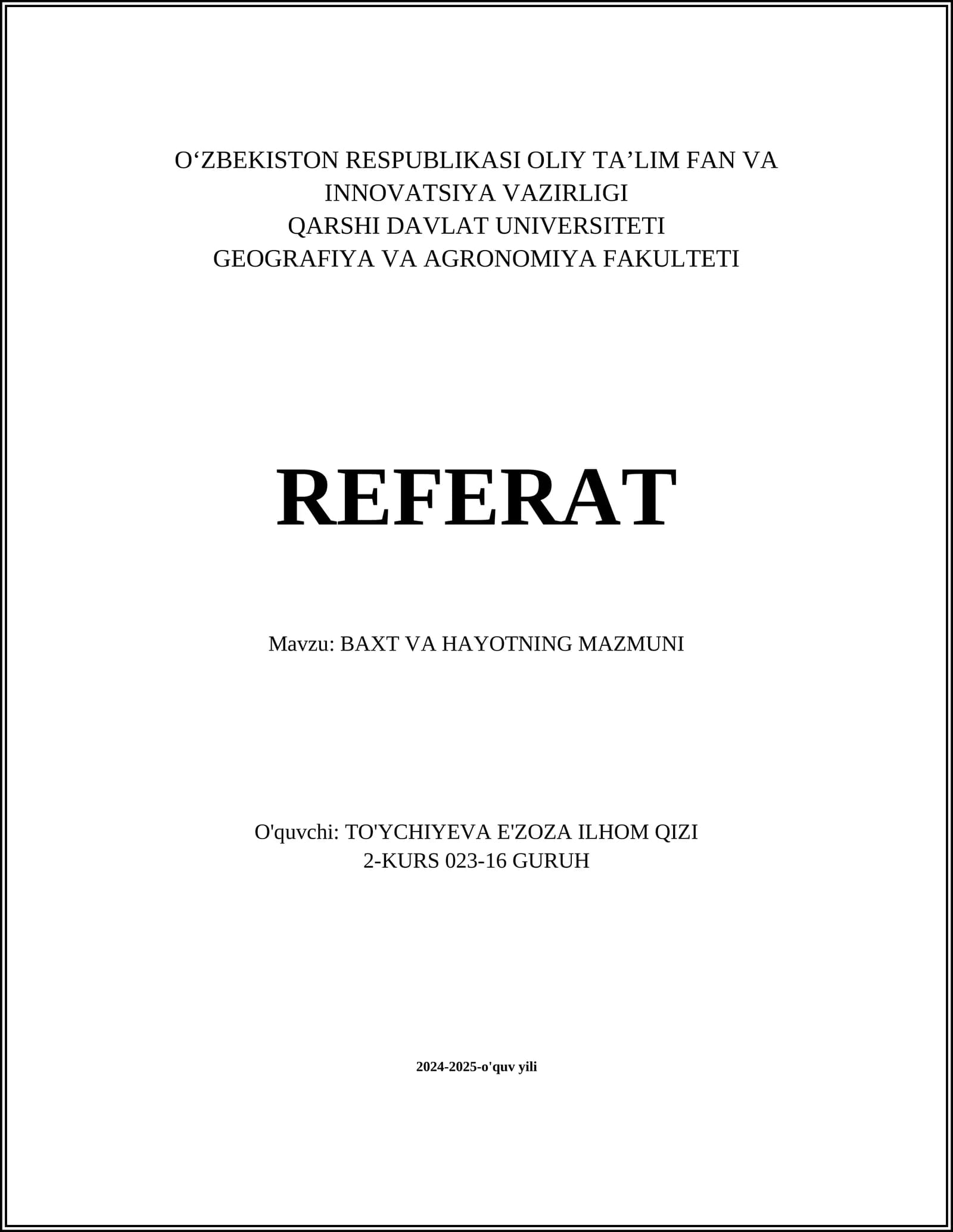 BAXT VA HAYOTNING MAZMUNI