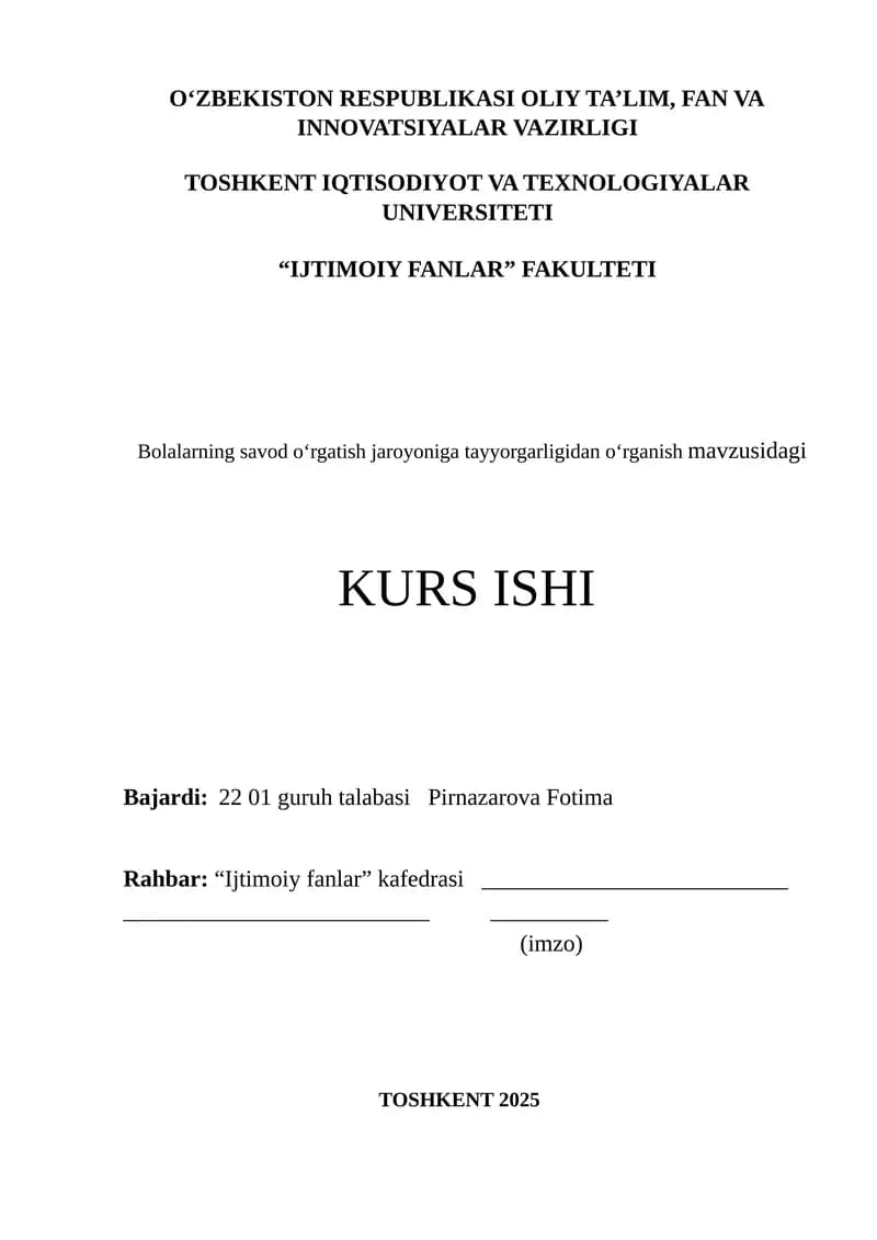 Bolalarning savod oʻrgatish jaroyoniga tayyorgarligidan oʻrganish