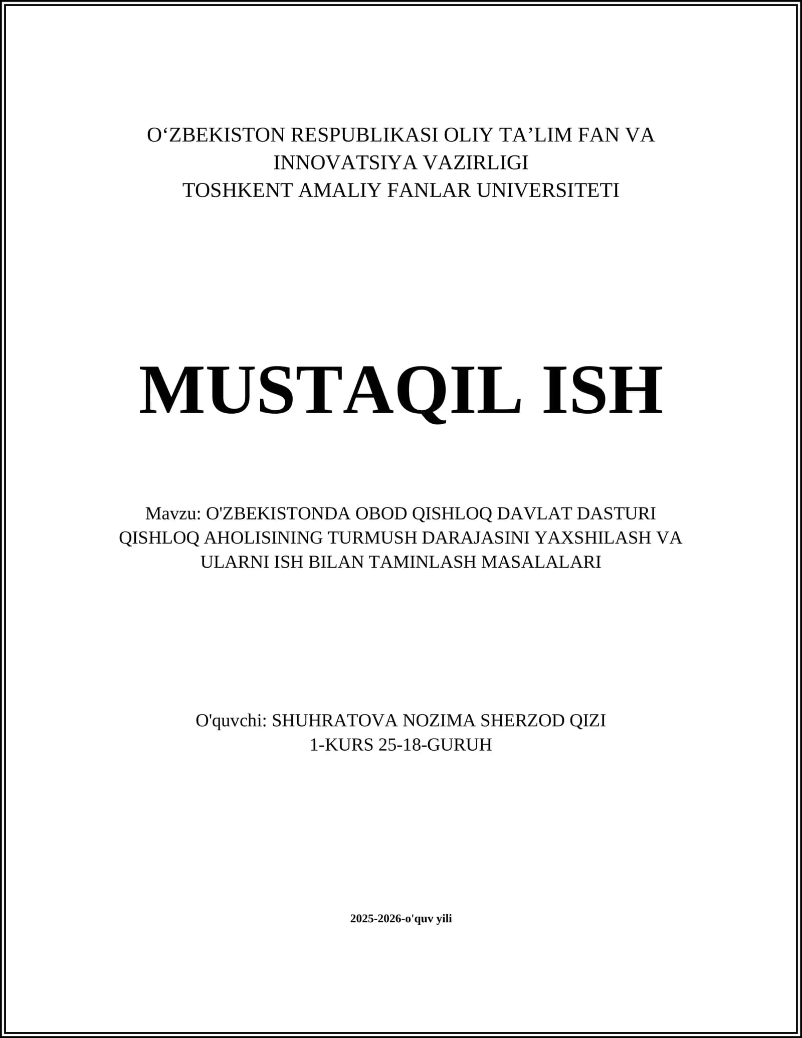 O'ZBEKISTONDA OBOD QISHLOQ DAVLAT DASTURI QISHLOQ AHOLISINING TURMUSH DARAJASINI YAXSHILASH VA ULARNI ISH BILAN TAMINLASH MASALALARI