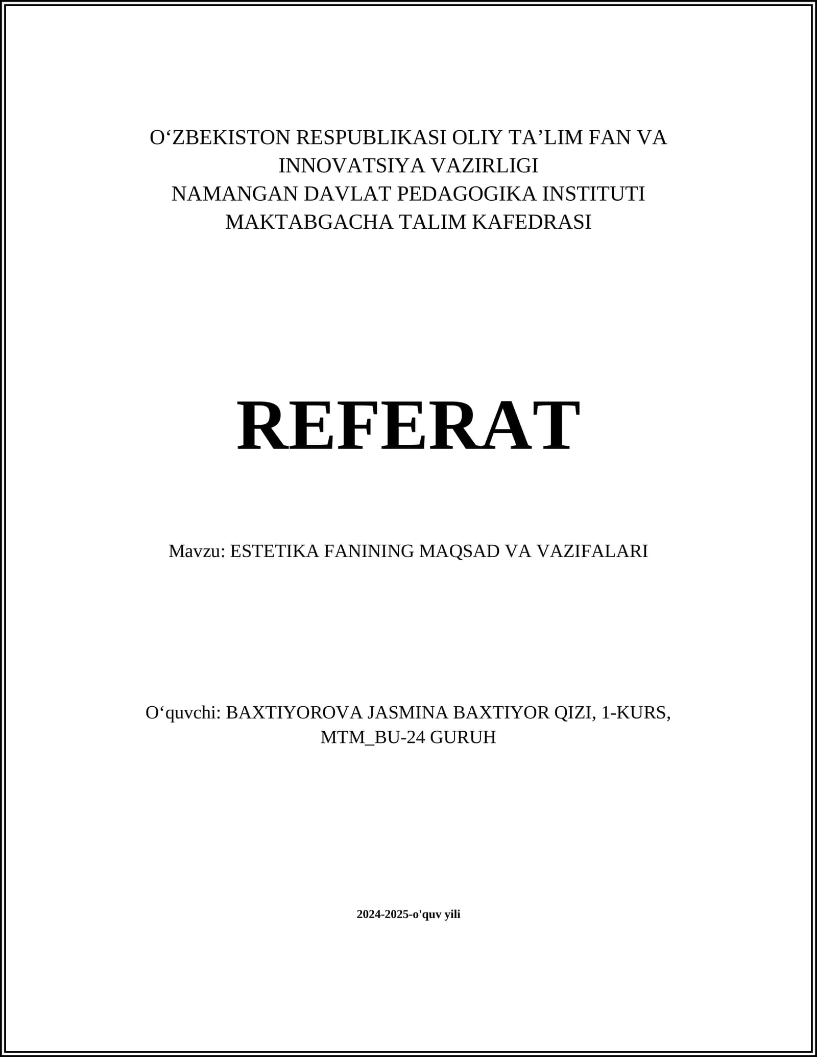 ESTETIKA FANINING MAQSAD VA VAZIFALARI