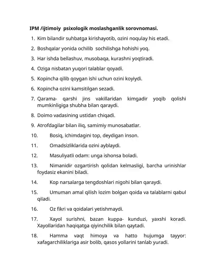 IPM /ijtimoiy-psixologik moslashganlik so'rovnomasi