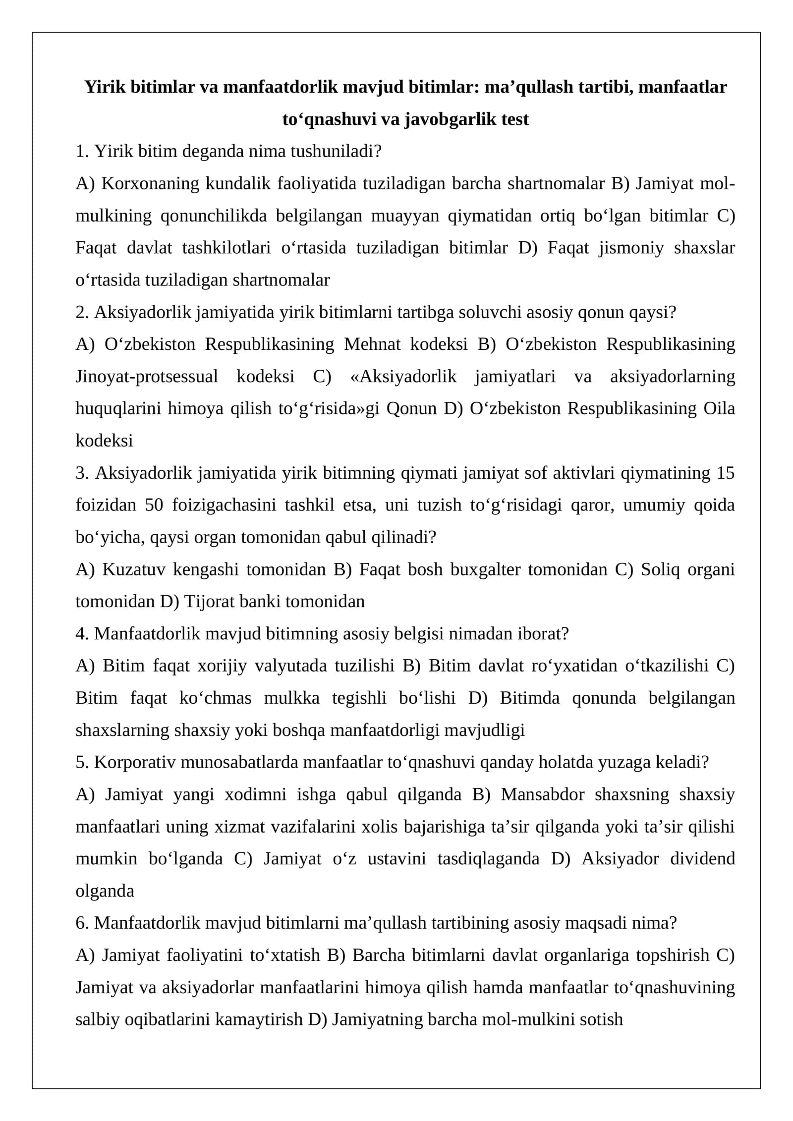Yirik bitimlar va manfaatdorlik mavjud bitimlar
