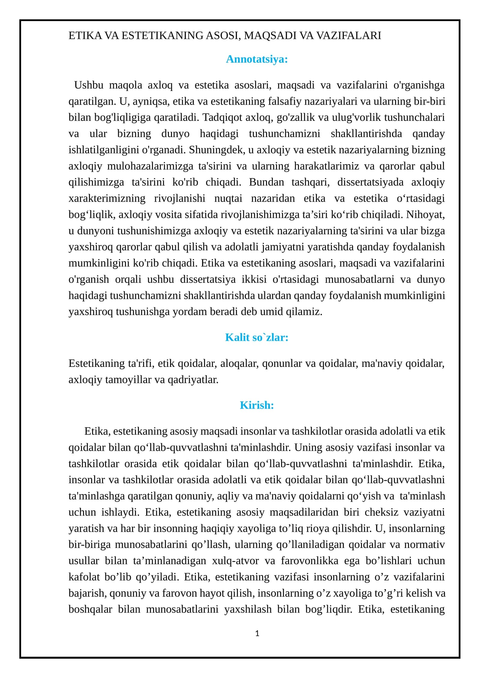 ETIKA VA ESTETIKANING ASOSI, MAQSADI VA VAZIFALARI