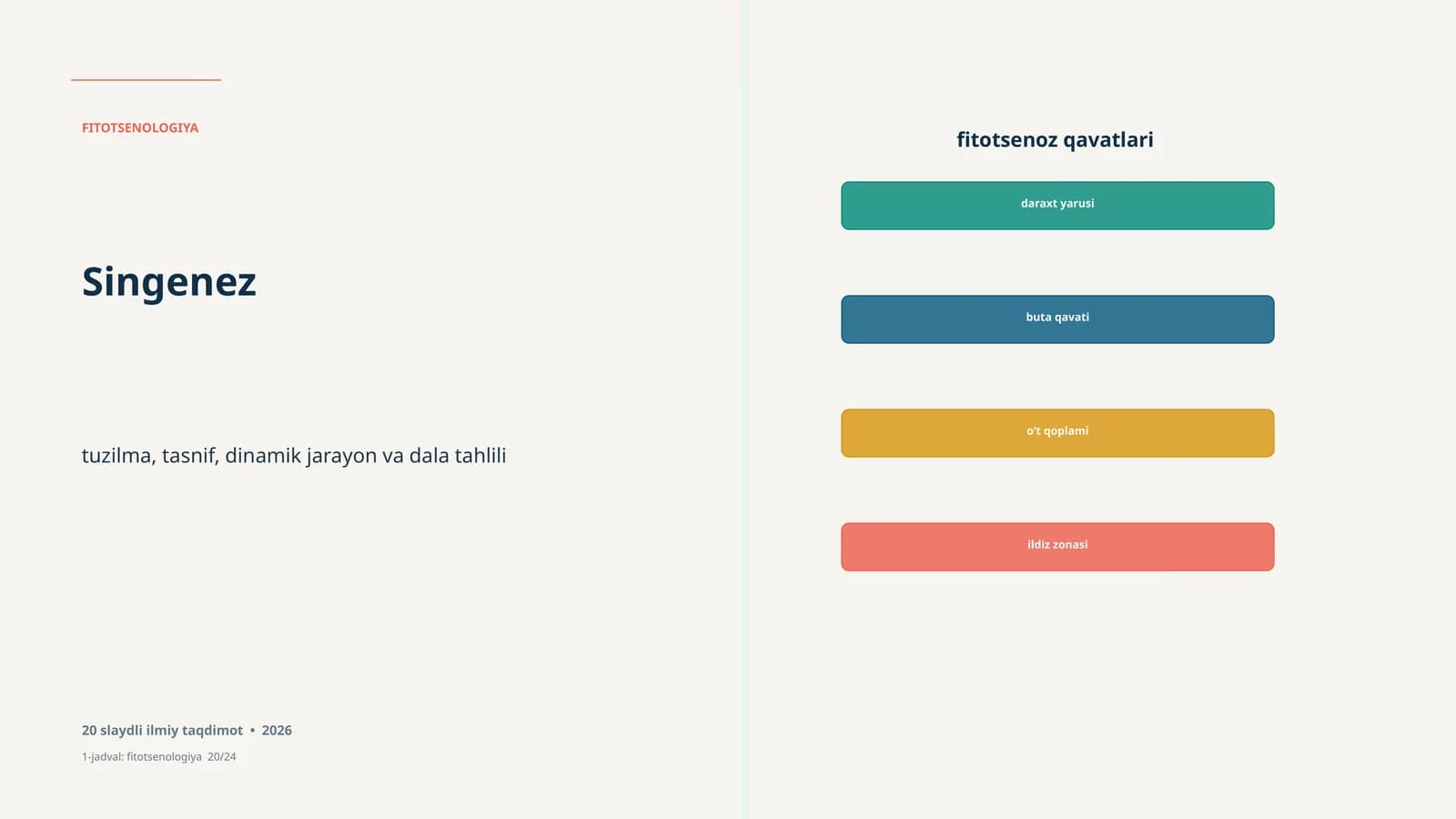 FITOTSENOLOGIYA Study of plant communities, including structure, classification, and dynamics. Includes a 20-slide scientific presentation