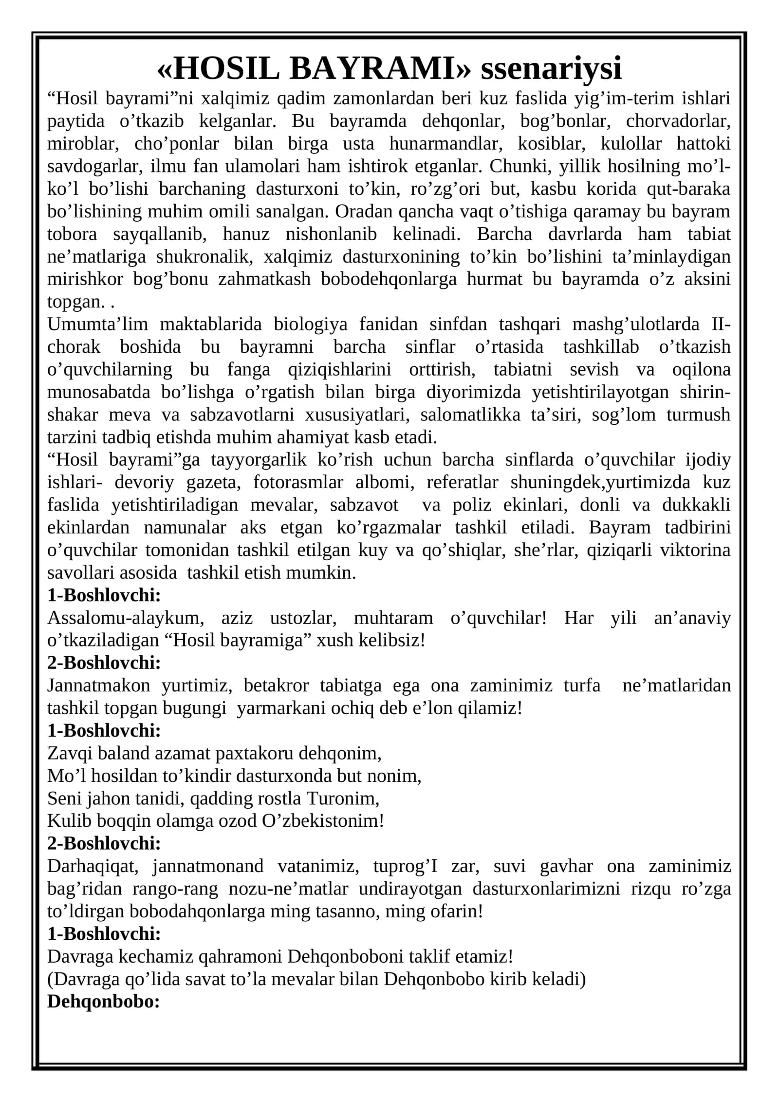 «HOSIL BAYRAMI» ssenariysi
