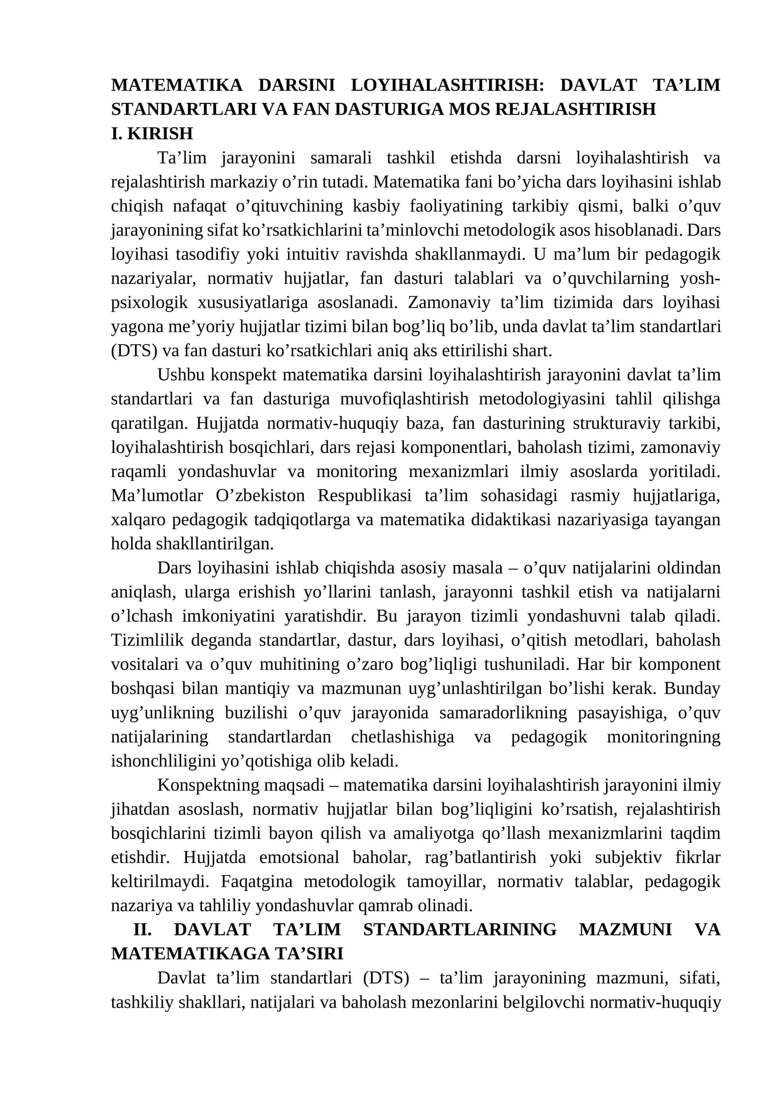 MATEMATIKA DARSINI LOYIHALASHTIRISH: DAVLAT TA’LIM STANDARTLARI VA FAN DASTURIGA MOS REJALASHTIRISH