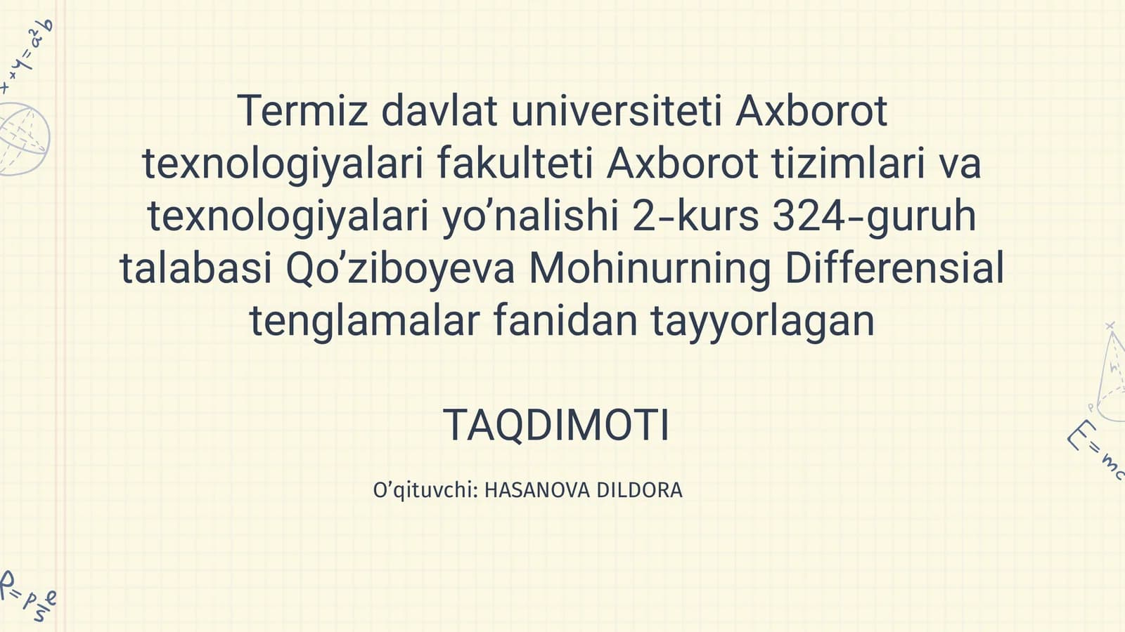 Differensial tenglamalar fanidan dars