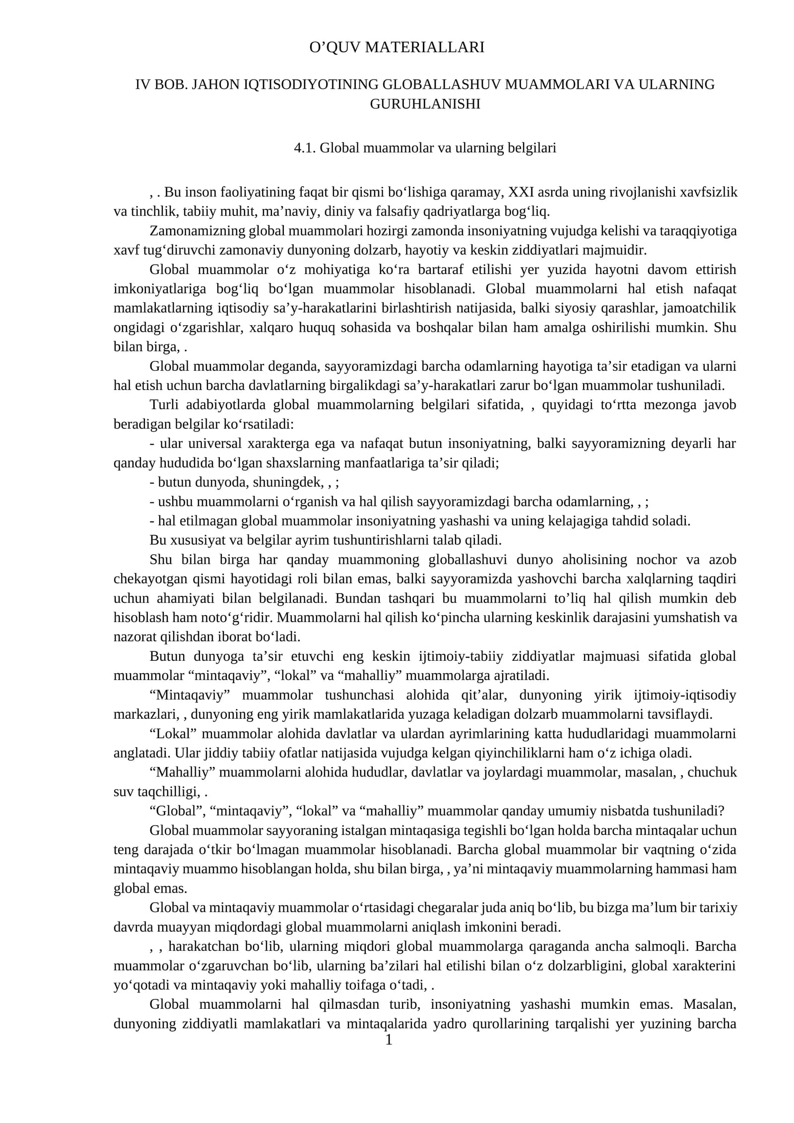 BOB. JAHON IQTISODIYOTINING GLOBALLASHUV MUAMMOLARI VA ULARNING GURUHLANISHI
