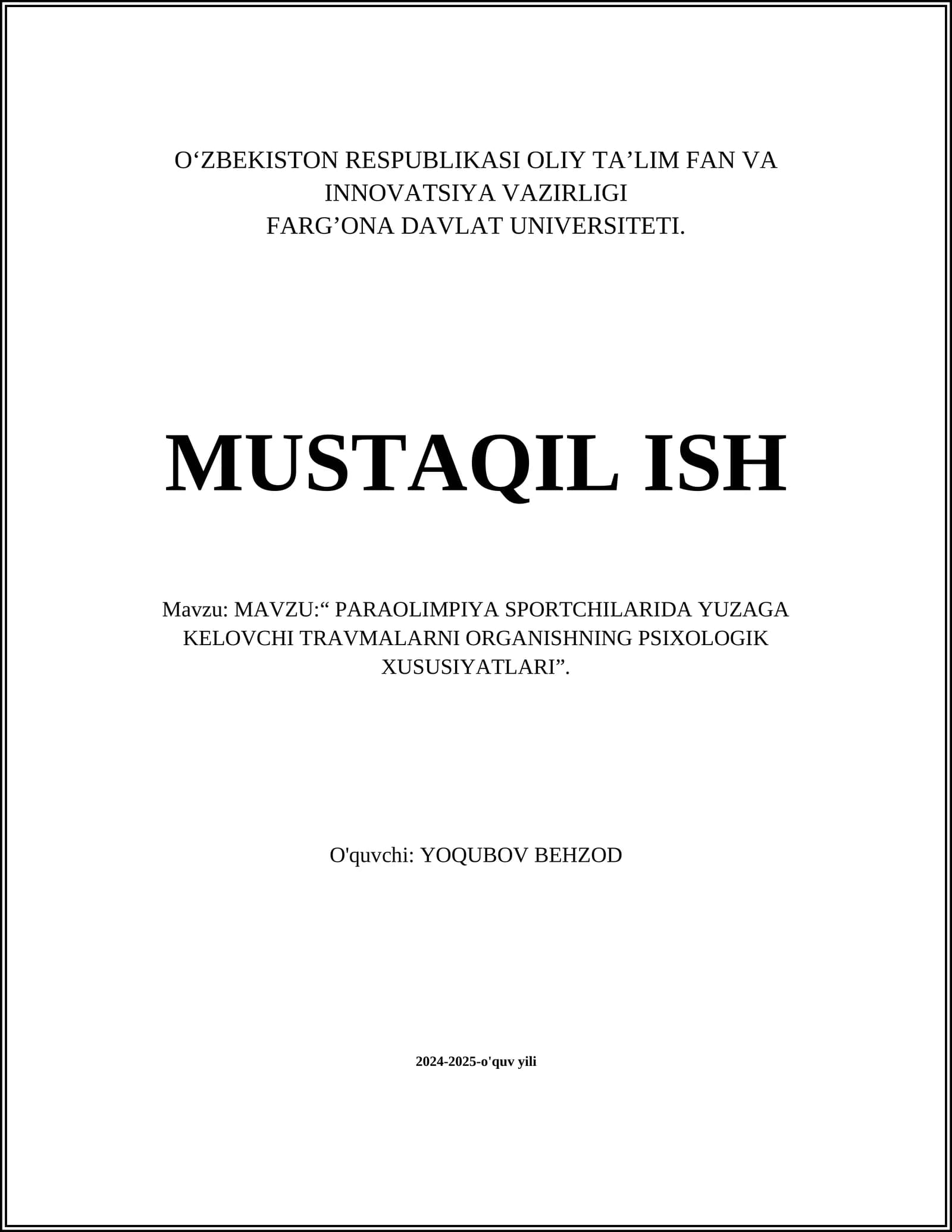 PARAOLIMPIYA SPORTCHILARIDA YUZAGA KELOVCHI TRAVMALARNI ORGANISHNING PSIXOLOGIK XUSUSIYATLARI