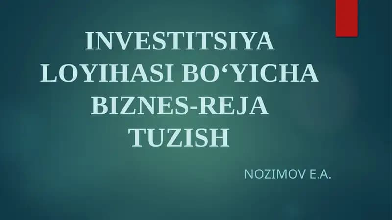INVESTITSIYA LOYIHASI BO‘YICHA BIZNES-REJA TUZISH