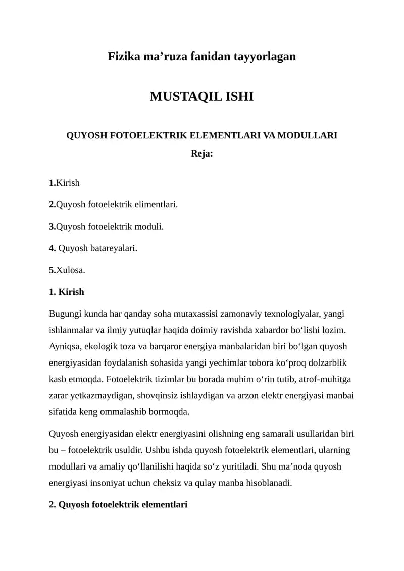 QUYOSH FOTOELEKTRIK ELEMENTLARI VA MODULLARI