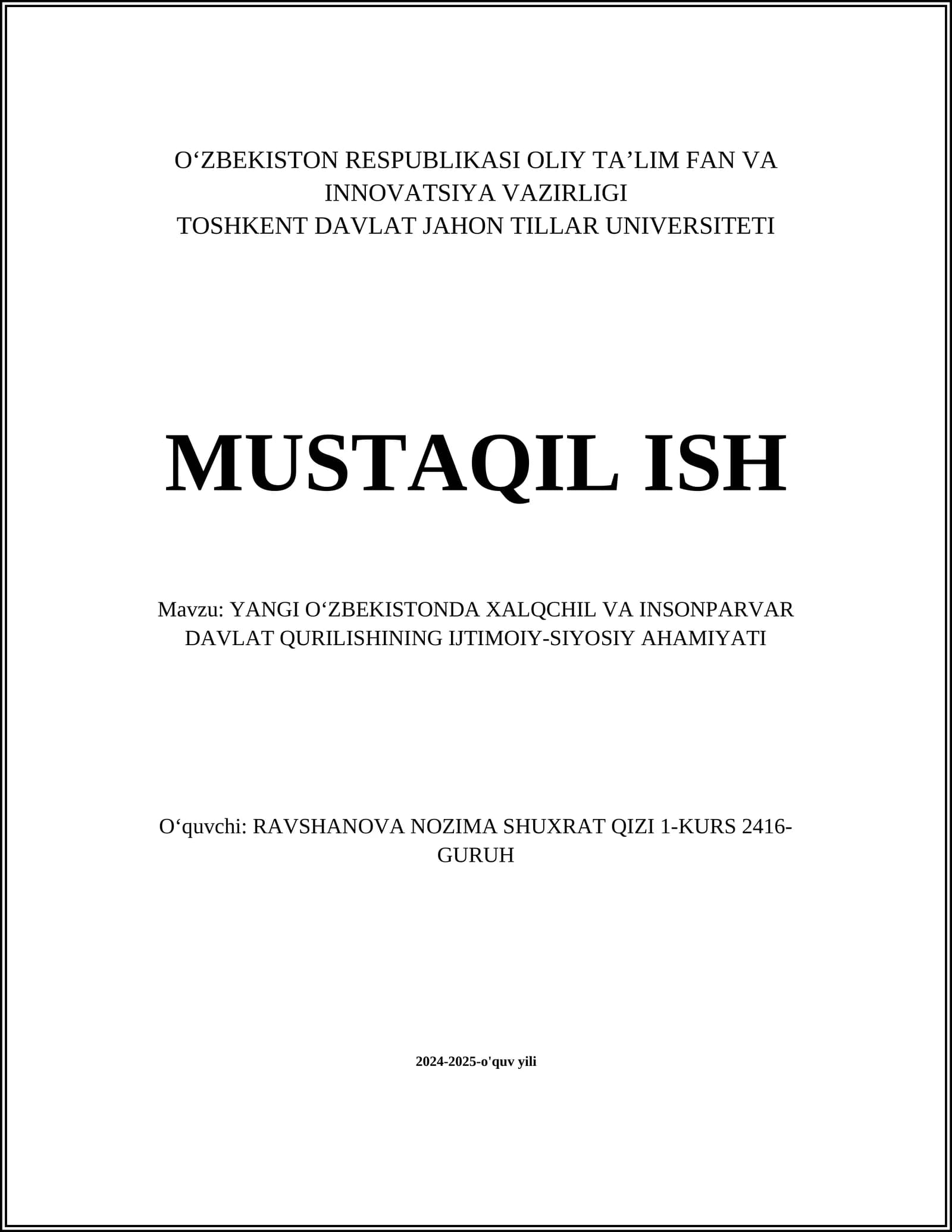 YANGI OʻZBEKISTONDA XALQCHIL VA INSONPARVAR DAVLAT QURILISHINING IJTIMOIY-SIYOSIY AHAMIYATI