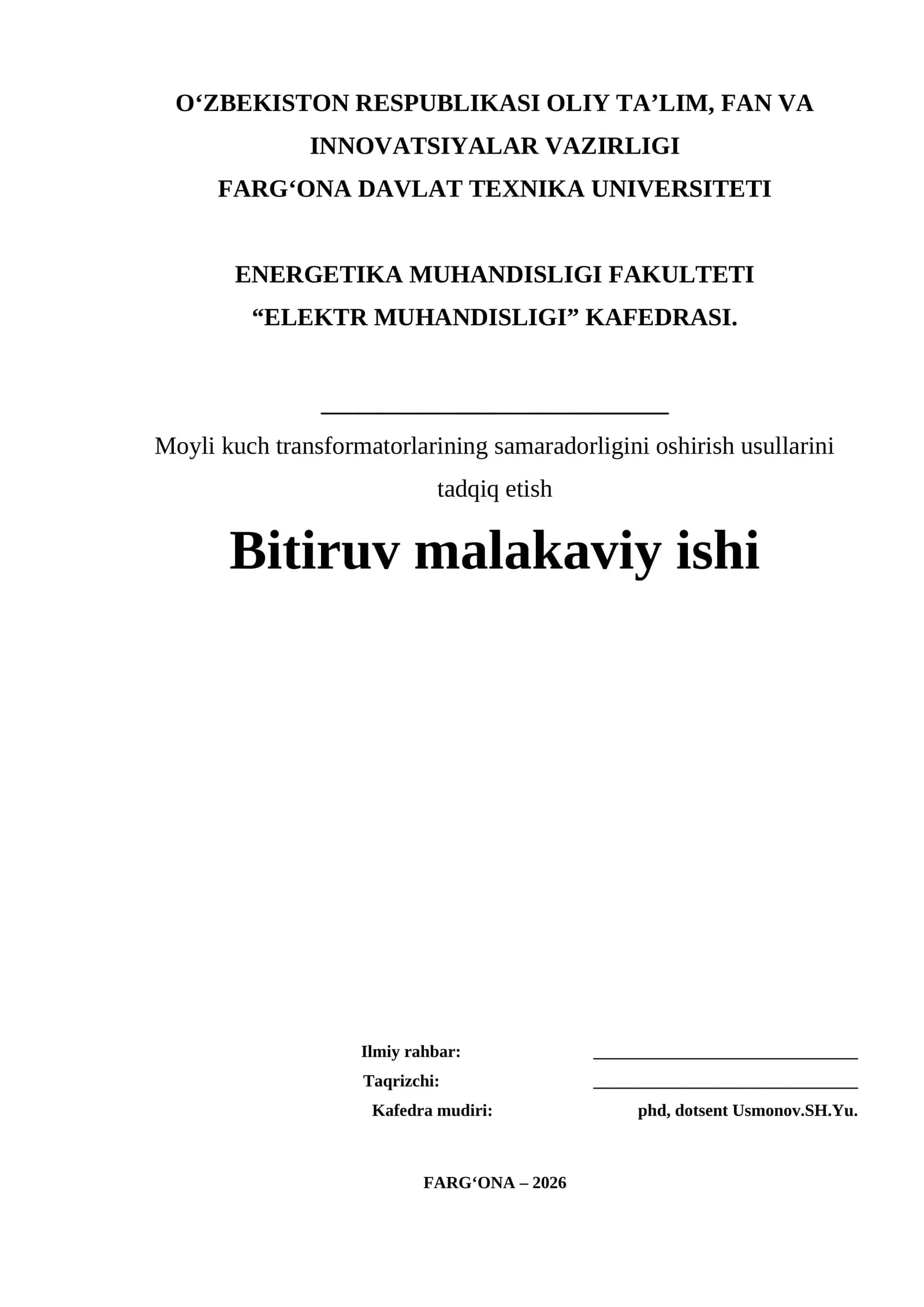 Moyli kuch transformatorlarining samaradorligini oshirish usullarini tadqiq etish