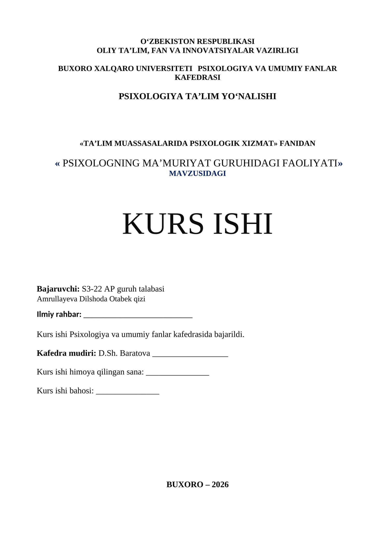 PSIXOLOGNING MA’MURIYAT GURUHIDAGI FAOLIYATI»