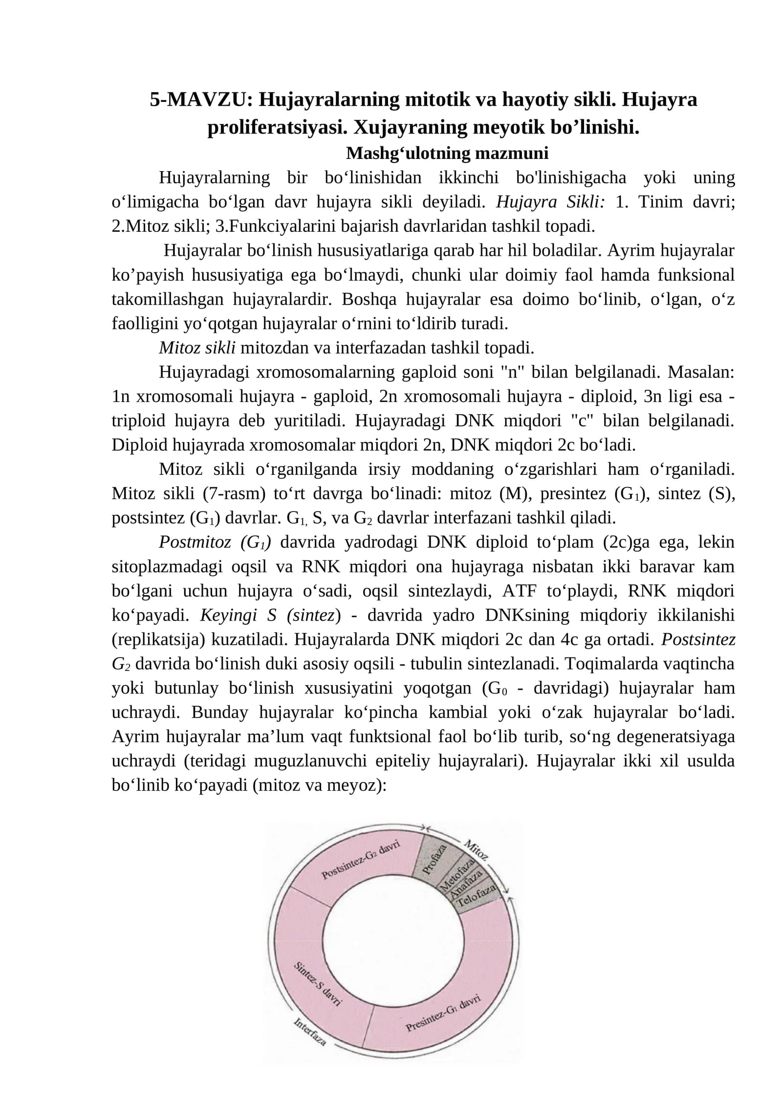 Hujayralarning mitotik va hayotiy sikli. Hujayra proliferatsiyasi. Xujayraning meyotik boʼlinishi