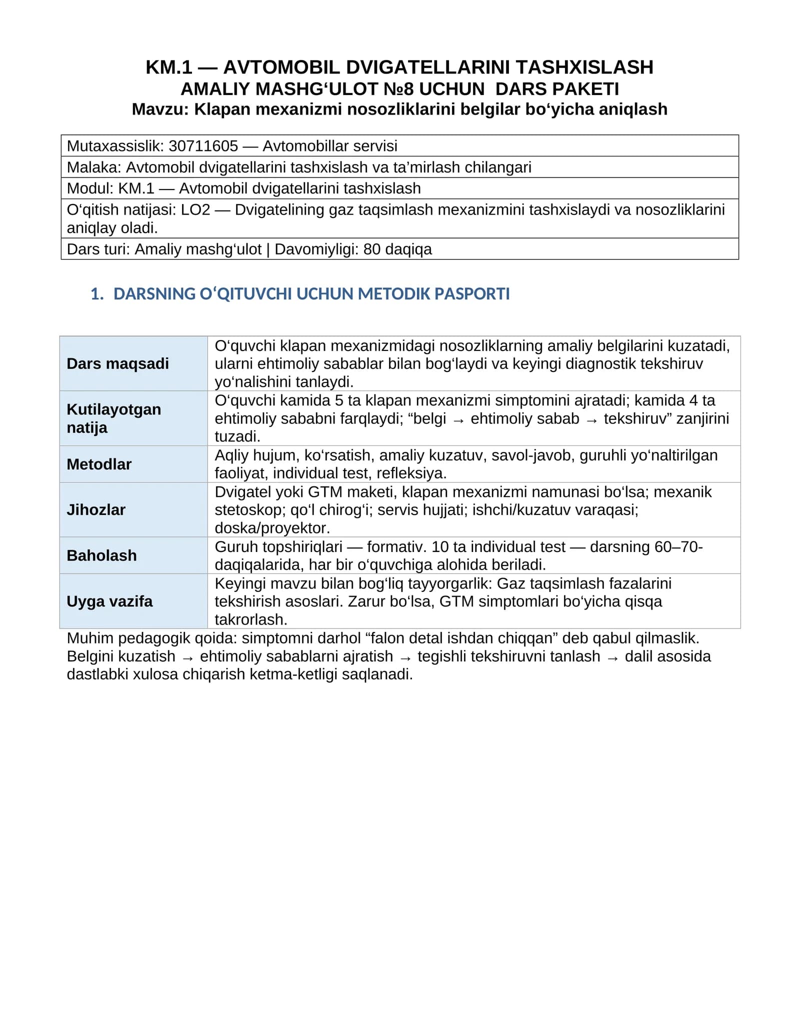 KM.1 — AVTOMOBIL DVIGATELLARINI TASHXISLASH. Amaliy_8_Klapan_mexanizmi_nosozliklarini_belgilar_boyicha_aniqlash