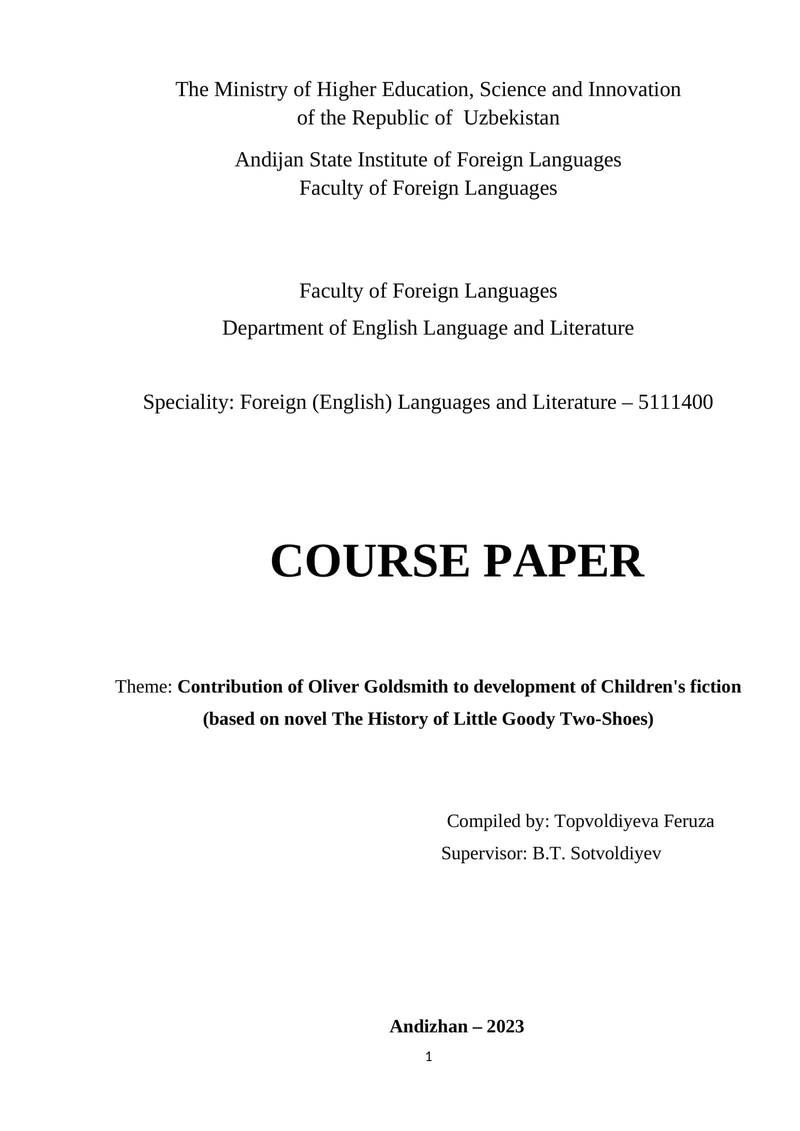 Contribution of Oliver Goldsmith to development of Children's fiction