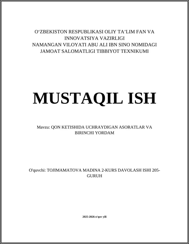 QON KETISHIDA UCHRAYDIGAN ASORATLAR VA BIRINCHI YORDAM