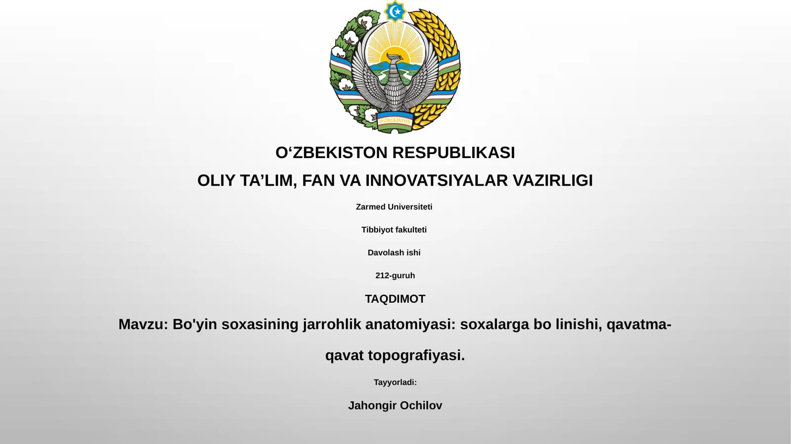 Bo'yin soxasining jarrohlik anatomiyasi: soxalarga bo linishi, qavatma-qavat topografiyasi