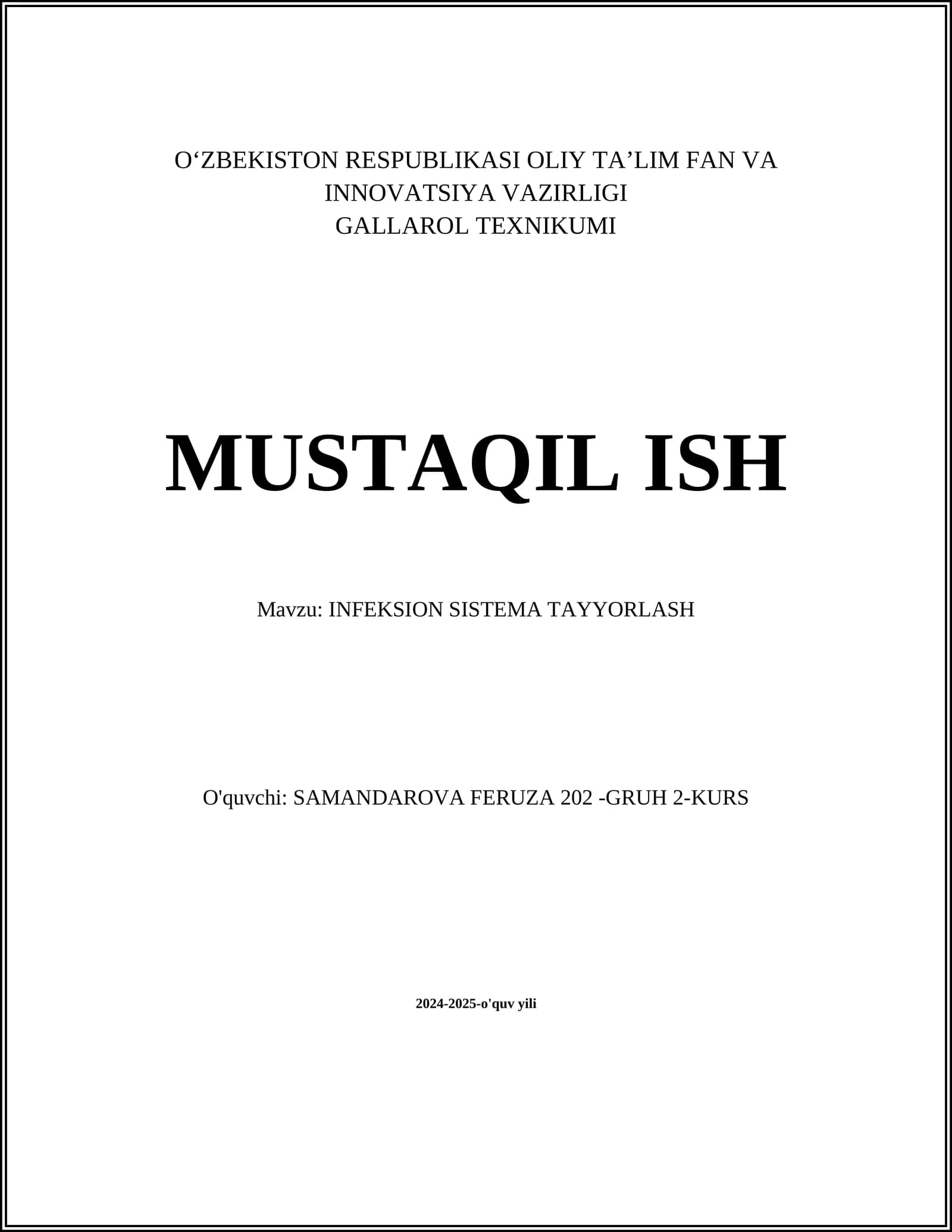 INFEKSION SISTEMA TAYYORLASH