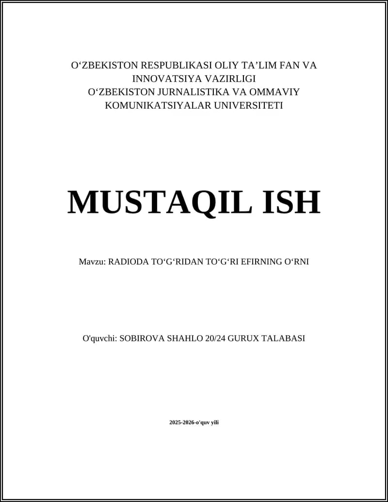 RADIODA TOʻGʻRIDAN TOʻGʻRI EFIRNING OʻRNI