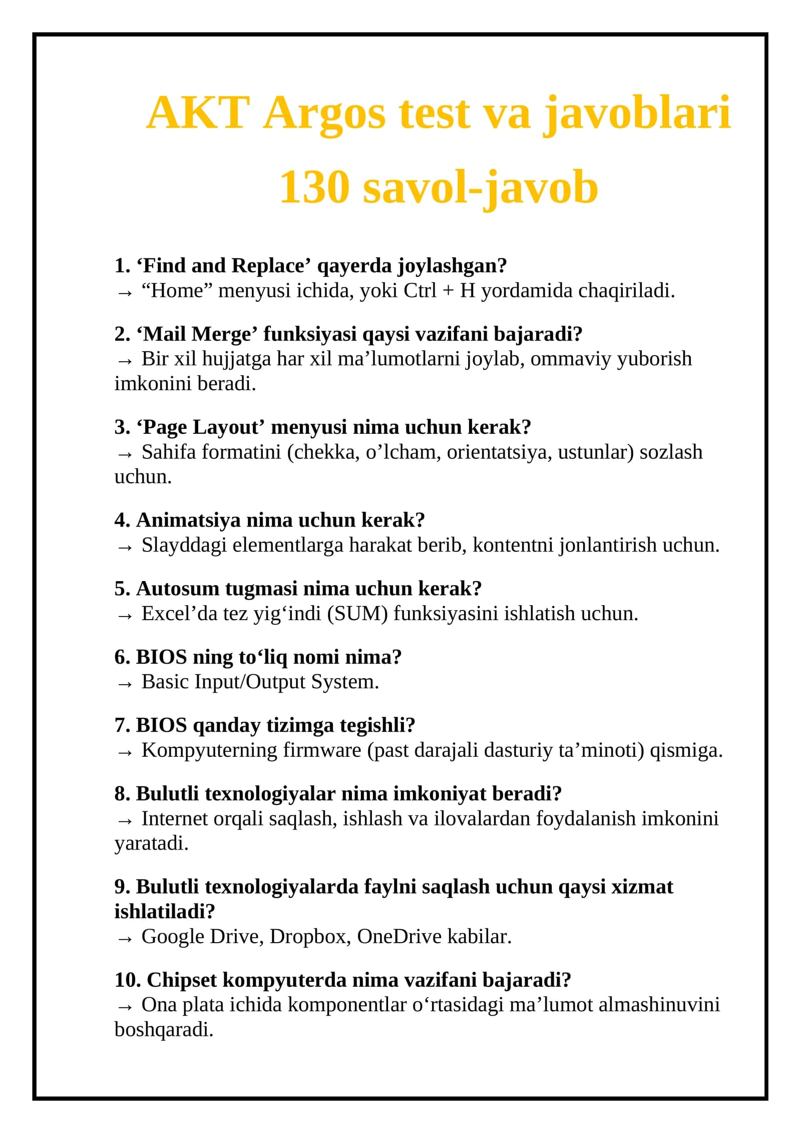 AKT Argos test va javoblari