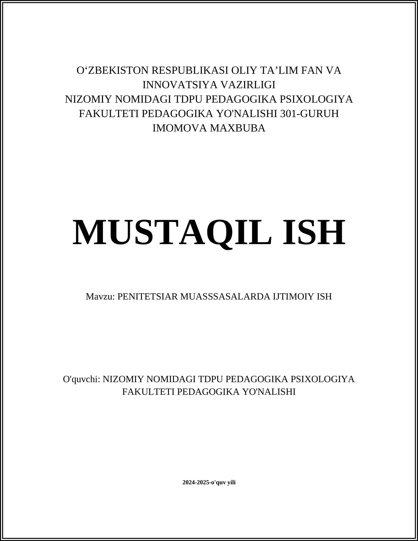 PENITETSIAR MUASSSASALARDA IJTIMOIY ISH
