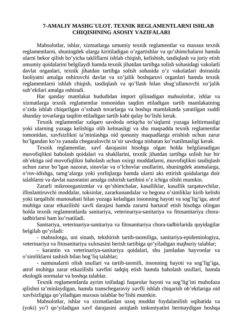7-AMALIY MASHG`ULOT. TEXNIK REGLAMENTLARNI ISHLAB CHIQISHNING ASOSIY VAZIFALARI